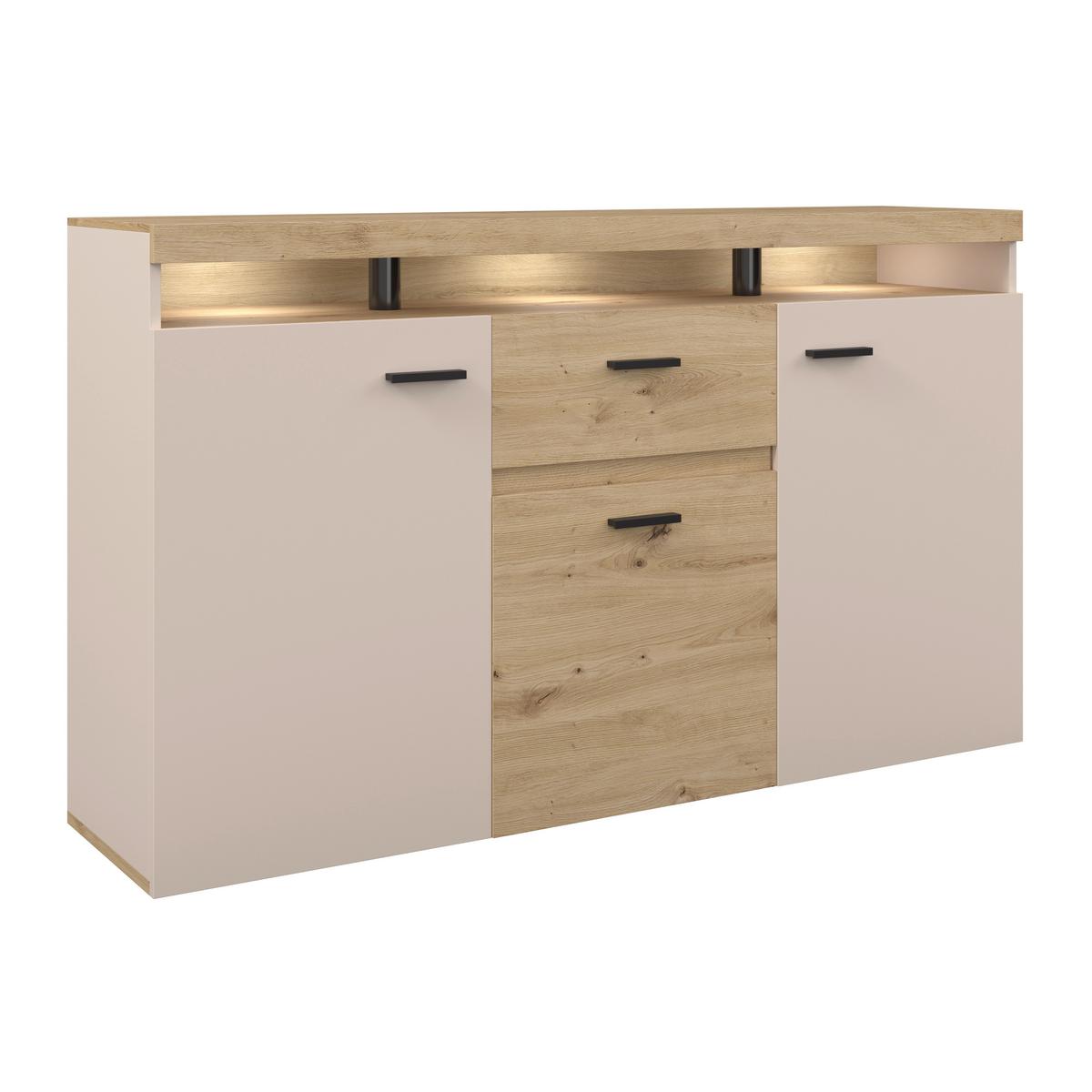 Sideboard Strada Giga Eiche Artisan/Kashmir, B:151cm - Kaschmir/Schwarz, Trend, Glas/Holzwerkstoff (151/89/37cm)