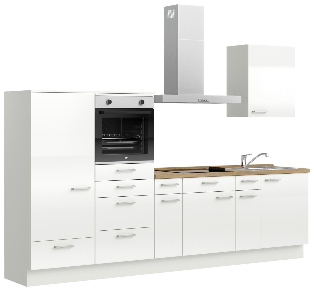 Kuchyňská linka 300 cm, alpská bílá vysoký lesk - barvy dubu/vysoce lesklá bílá, Moderní, kov/kompozitní dřevo (300cm) - Nobilia