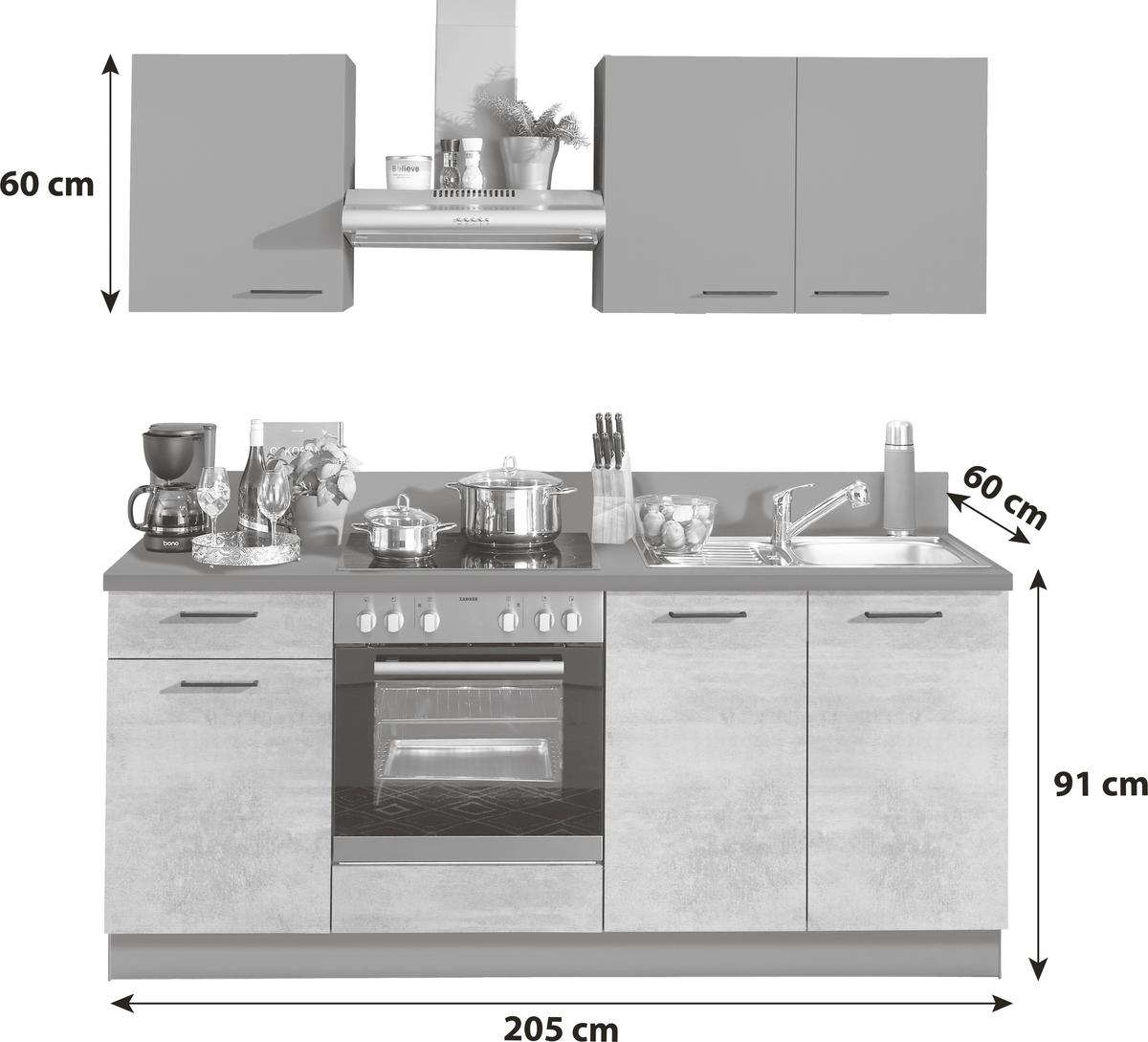 Küchenzeile Base/Win mit Geräte 205 cm Beton Hell/Anthrazit - Design, Holzwerkstoff (205cm) - Express