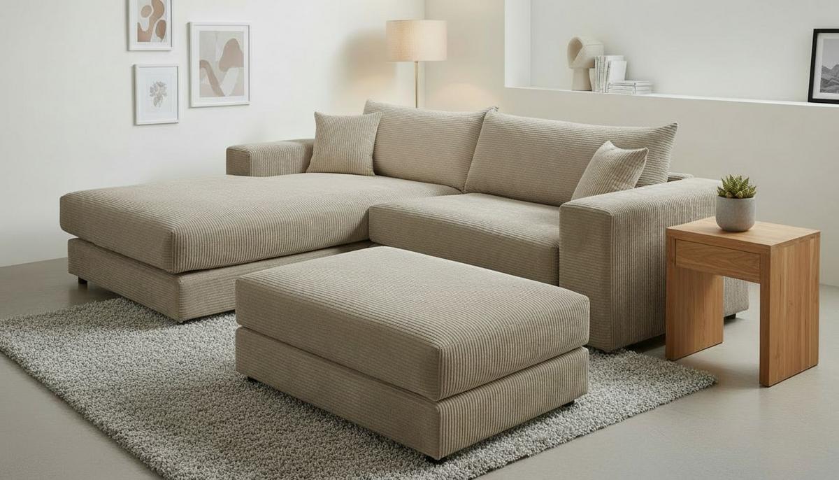 Ecksofa Funny S Links mit Hocker, Hellbraun, B: 265 cm - Hellbraun/Schwarz, Basics, Textil (180/265cm) - Livetastic