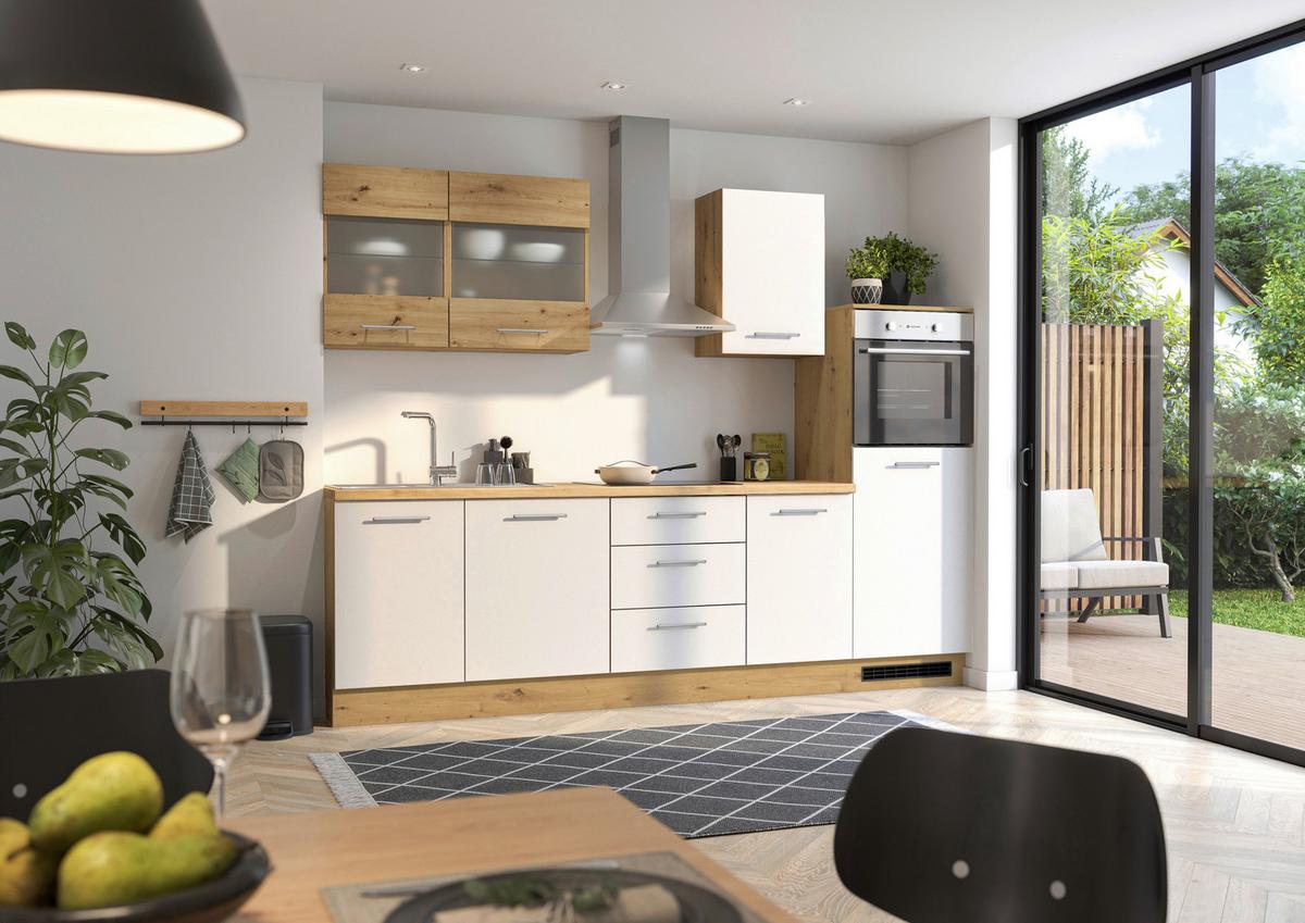 Küchenblock Capri Weiß/Eiche Dekor B: 280 cm - Weiß/Eiche Artisan, Basics, Glas/Holzwerkstoff (280cm) - MID.YOU