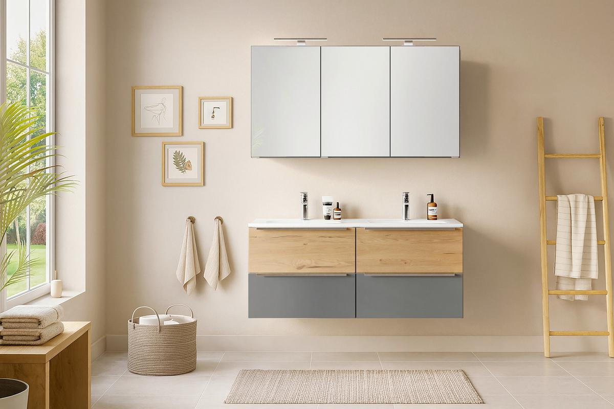 WASCHTISCHKOMBI Verona Grau/Wildeiche B: 120cm - Wildeiche/Weiß, Trend, Holzwerkstoff/Stein (120/54/47cm) - Held