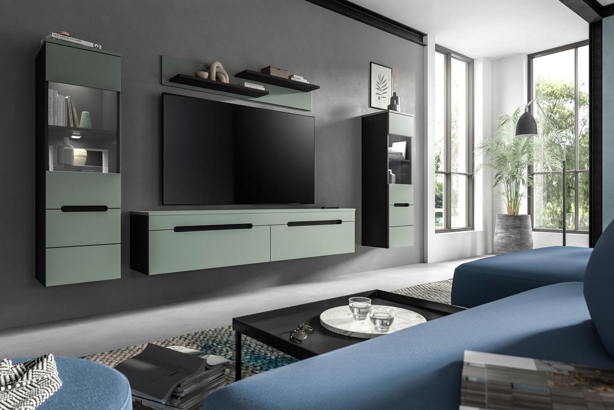 WOHNWAND Canu Graugrün B: 272cm - Schwarz/Graugrün, Design, Holzwerkstoff (272/141/33cm) - Livetastic