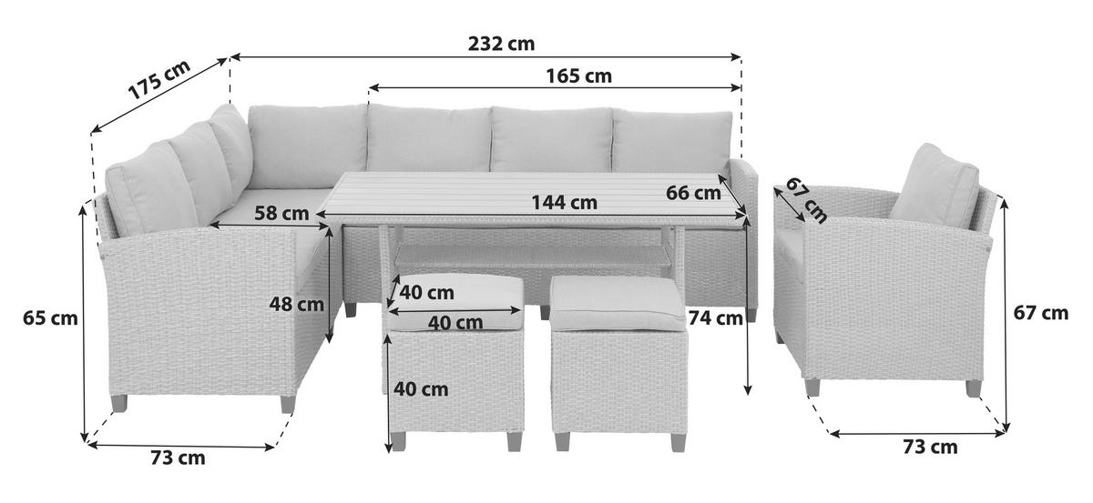 Loungegarnitur 5-Tlg. Porto aus Kunststoff mit Kissen - Grau, MODERN, Kunststoff/Textil (232/175cm) - Beldano