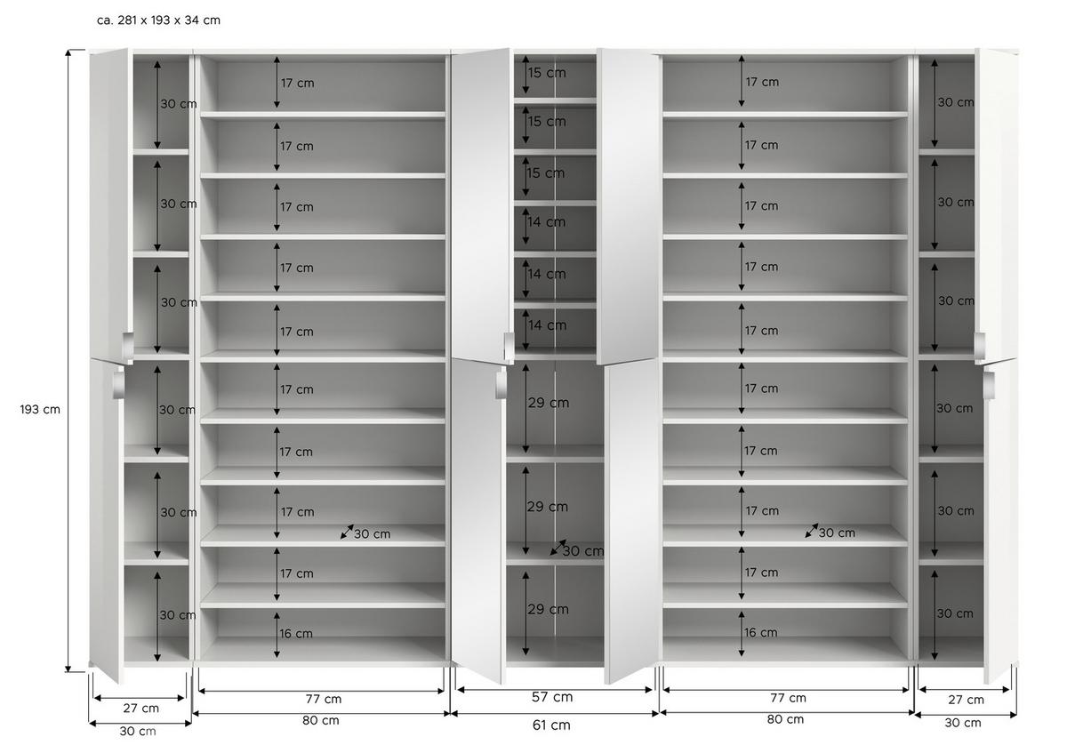 Garderobe Projekt X 5-Teilig Weiß B: 281 cm - Weiß Hochglanz/Weiß, Design, Holzwerkstoff (281/193/34cm) - Livetastic