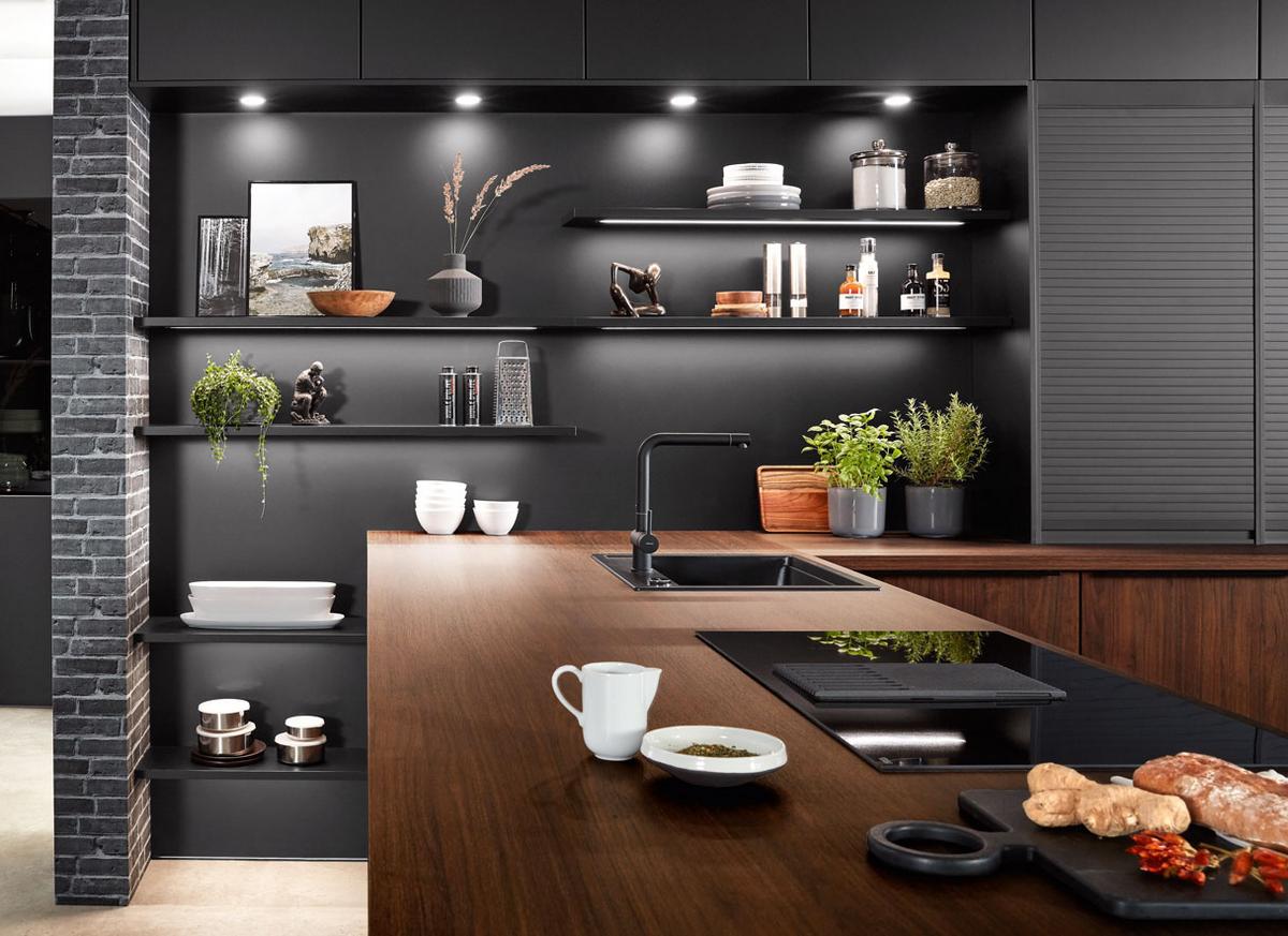 Einbauküche Riga Frei Planbar Modern, grifflos - Eichefarben/Anthrazit, MODERN, Holzwerkstoff - Vertico