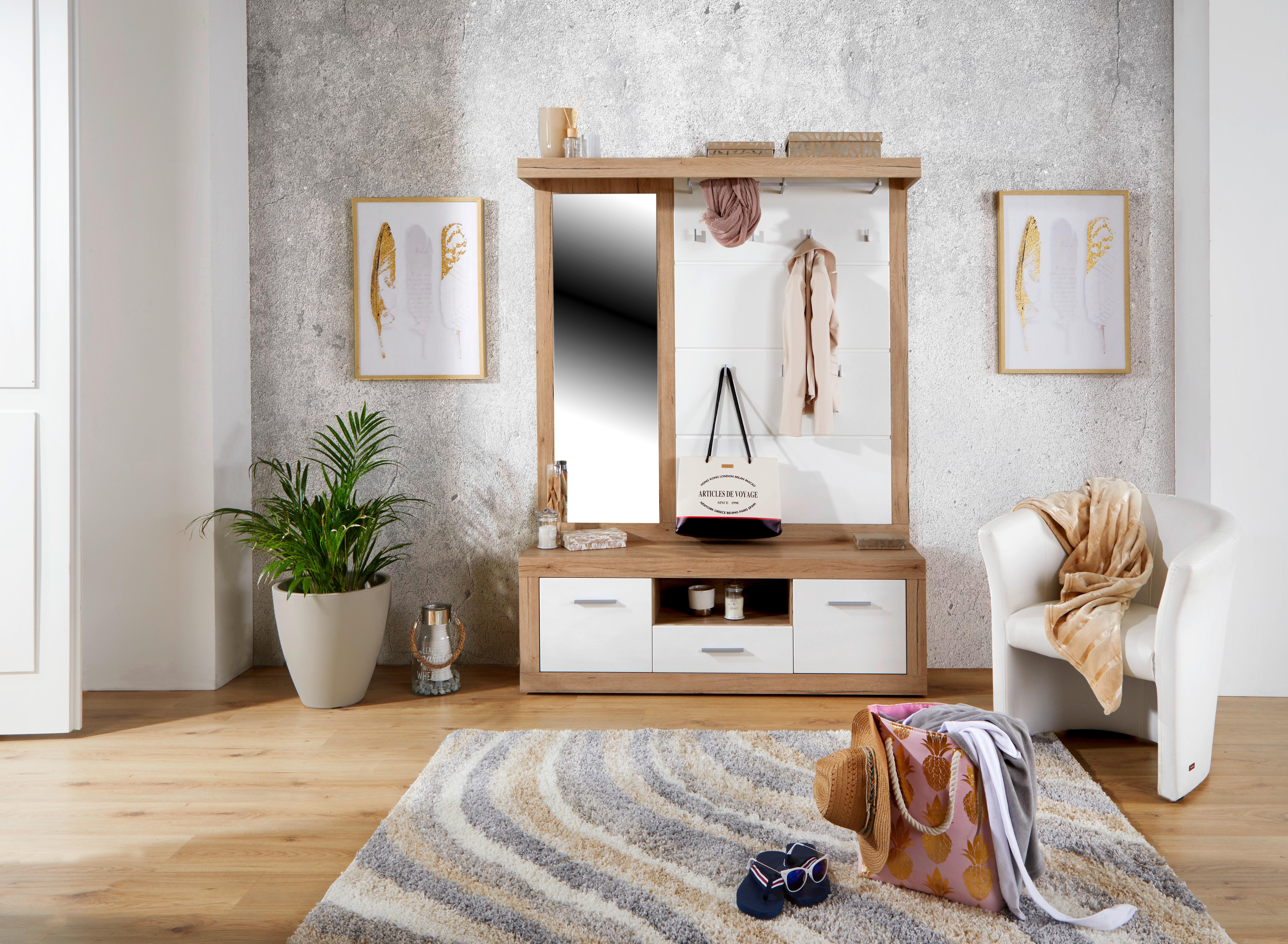 Garderobe Malta Eiche Dekor/ Weiß B: 145 cm mit Spiegel - Eichefarben/Weiß, MODERN, Holzwerkstoff (145/197/36cm)