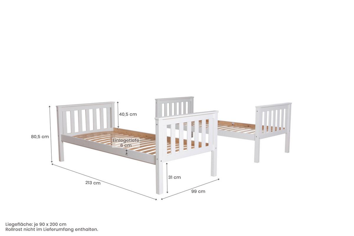 Etagenbett Sammy Weiß Kiefer Massiv 90 Cm Mit Stauraum - Weiß, MODERN, Holz (90/200cm) - MID.YOU