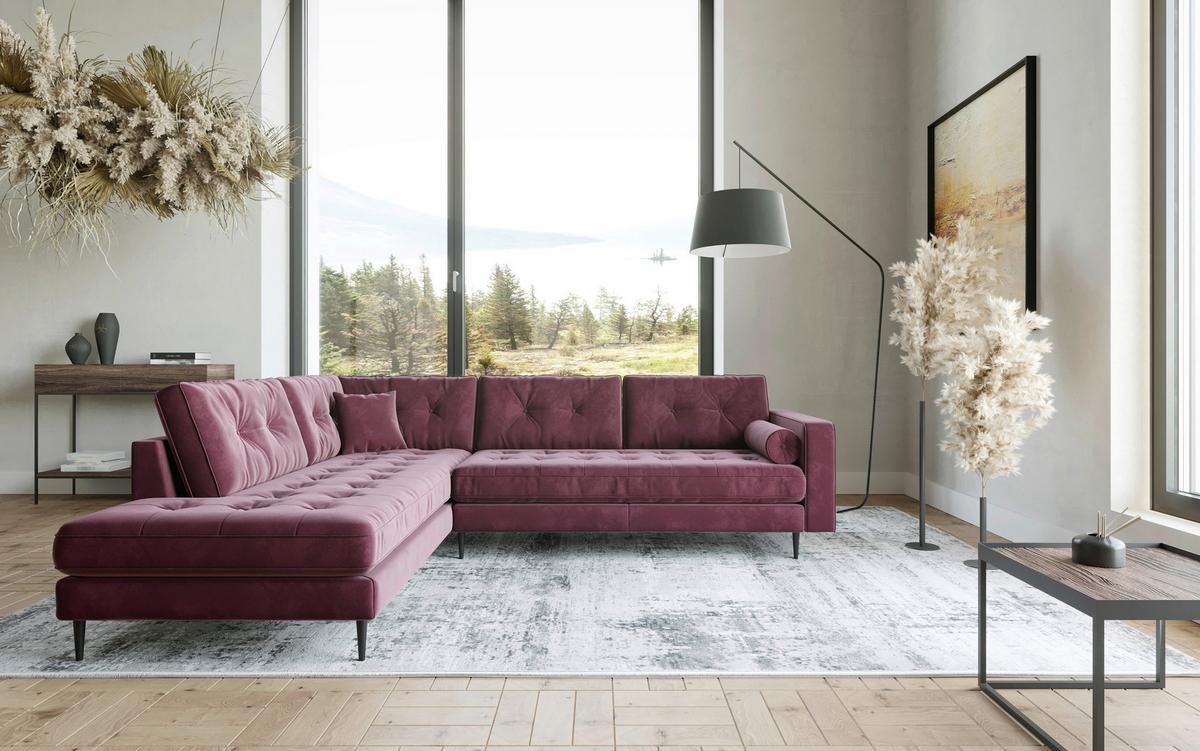 Ecksofa Scott - Edelstahlfarben/Weinrot, Design, Textil (259/205cm) - Livetastic
