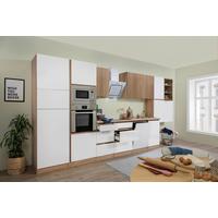 Küchenzeile Premium mit Geräten 445 cm Weiß/Eiche Dekor - Eichefarben/Weiß Hochglanz, Basics, Holzwerkstoff (445cm) - Respekta