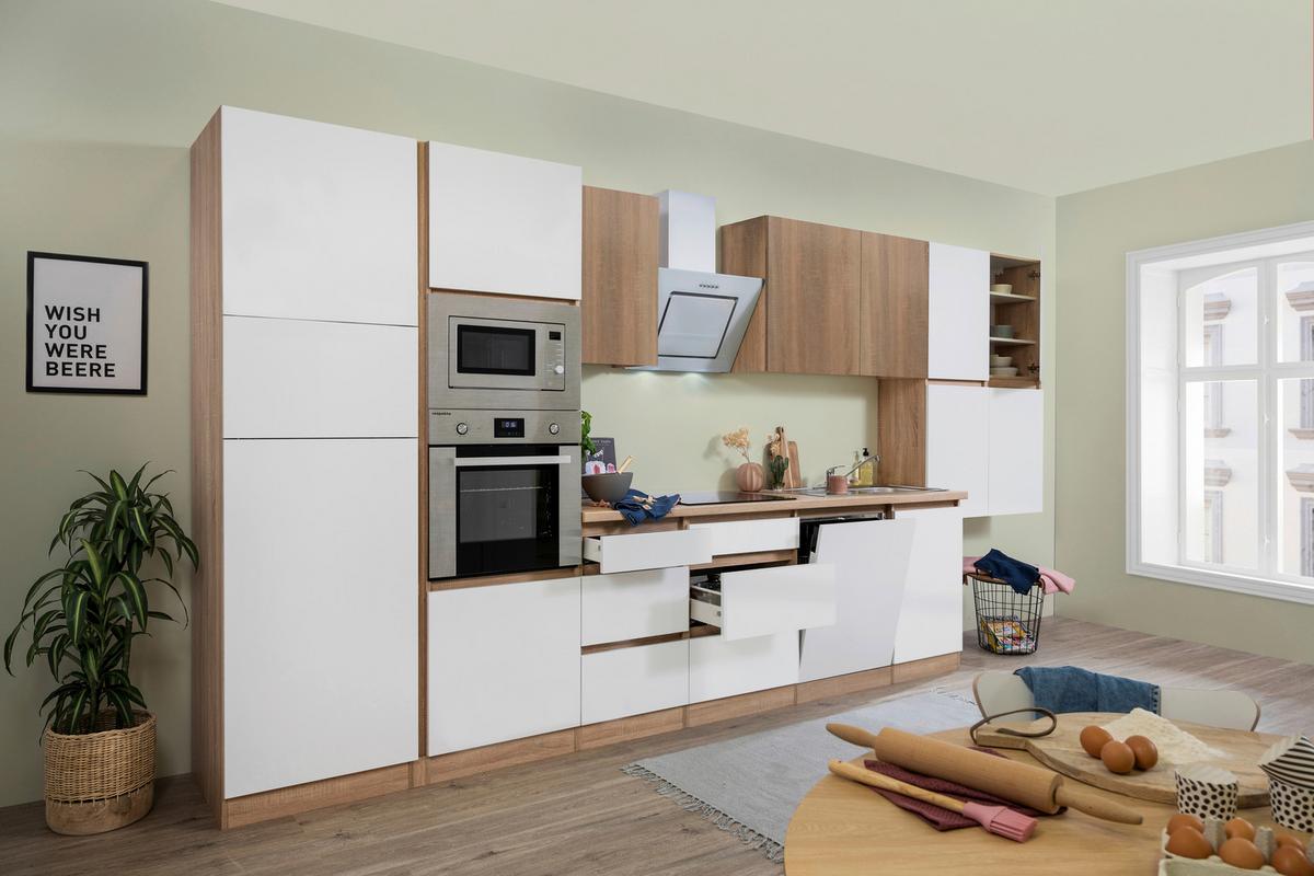 Küchenzeile Premium mit Geräten 445 cm Weiß/Eiche Dekor - Eichefarben/Weiß Hochglanz, Basics, Holzwerkstoff (445cm) - Respekta