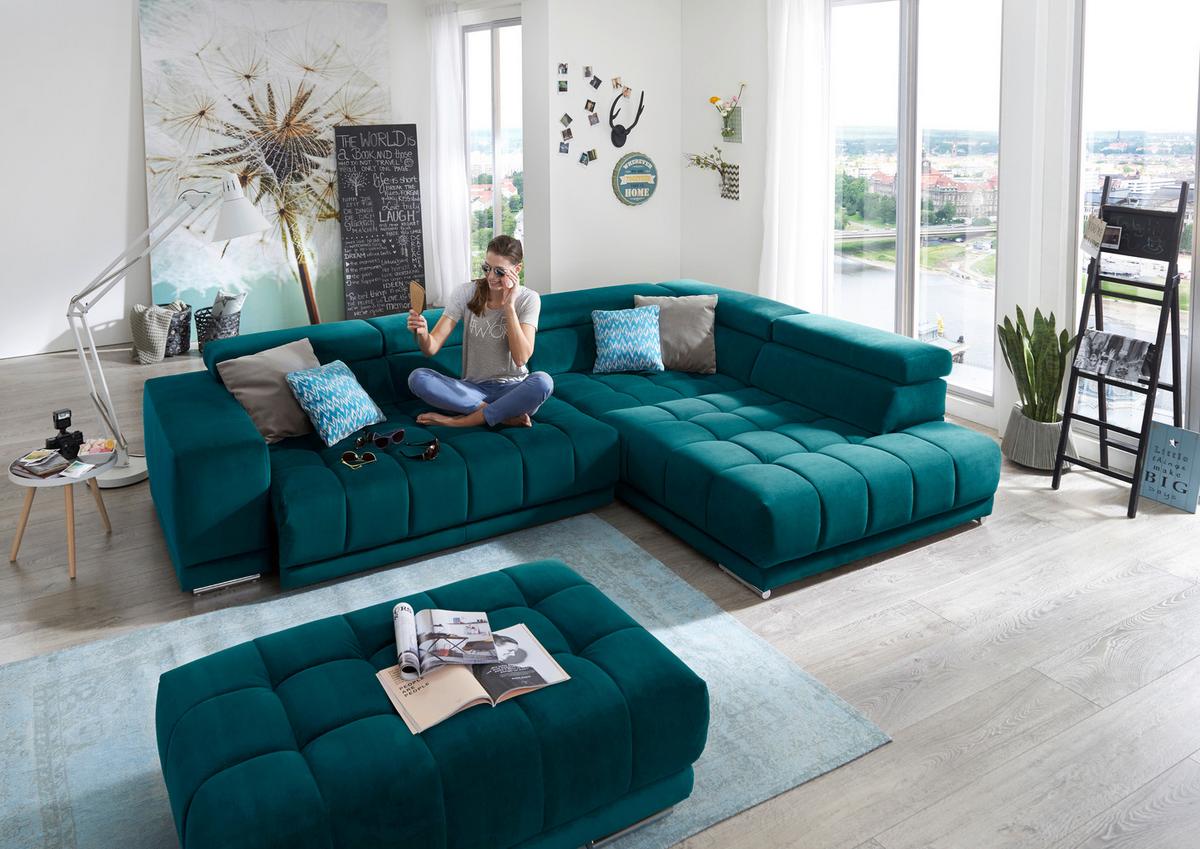 Sedací souprava IBA, pravá, tyrkysová, s funkcemi - barvy chromu/tyrkysová, Lifestyle, textil (323/222cm) - Premium Living