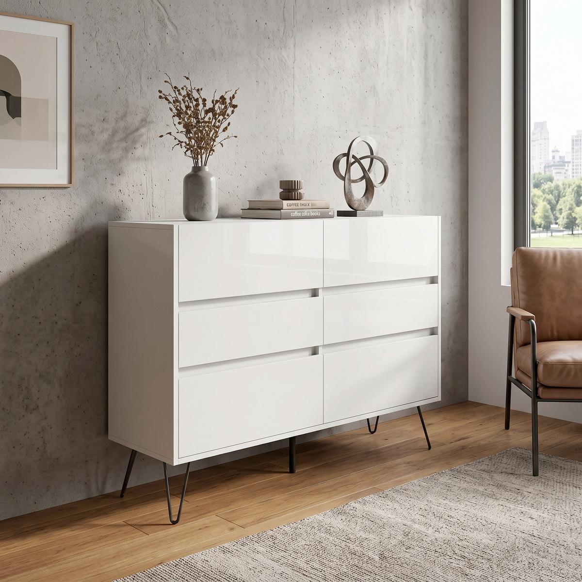 Sideboard Posseik Industrial Weiß B: 120 cm - Weiß Hochglanz/Schwarz, Design, Holzwerkstoff (120/93,6/42cm) - MID.YOU