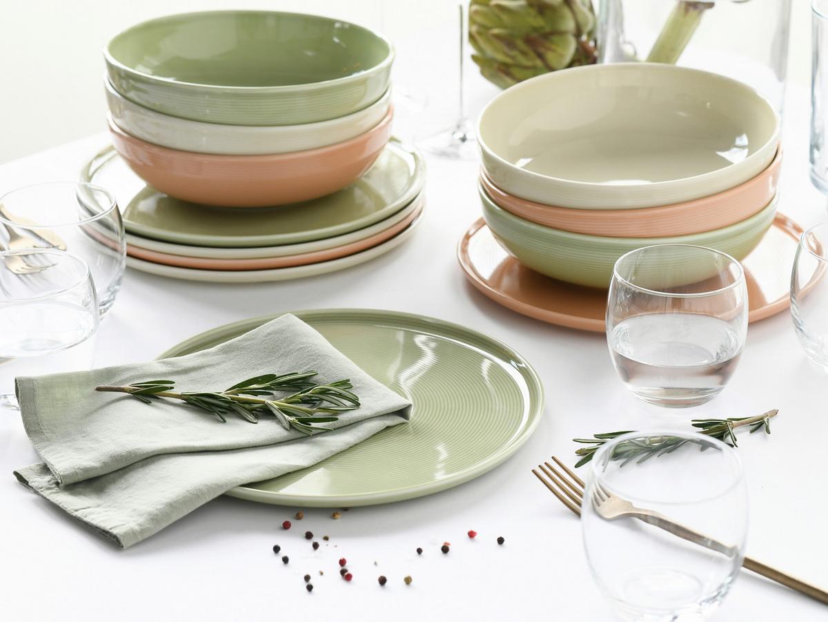 Tafelservice 12-teilig. Porzellan, multicolor - Salbeigrün/Creme, Basics, Keramik - Creatable