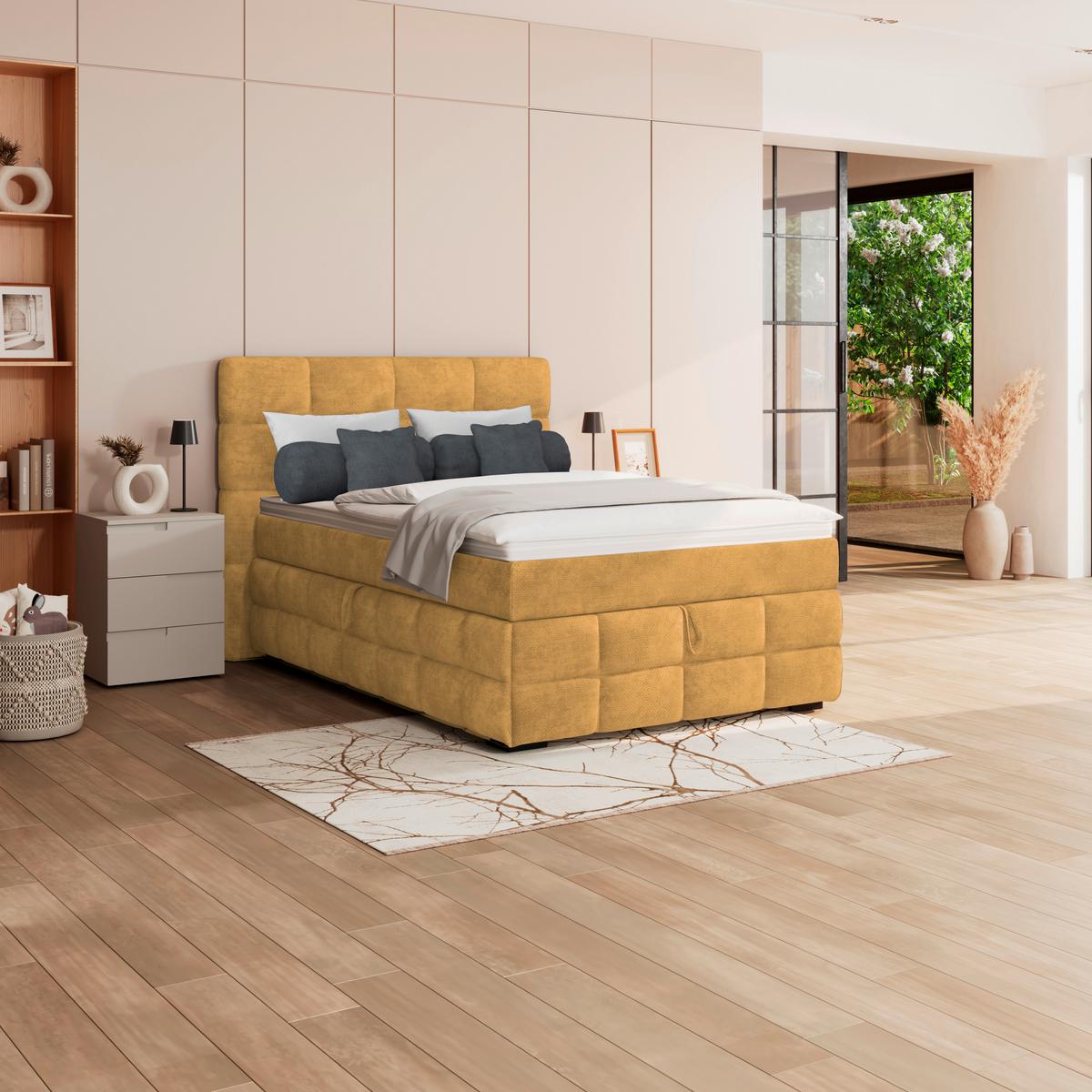 Čalúnená posteľ VEGA 140x200 cm, zlatá - čierna/zlatá, Trend, drevo/textil (140/200cm)