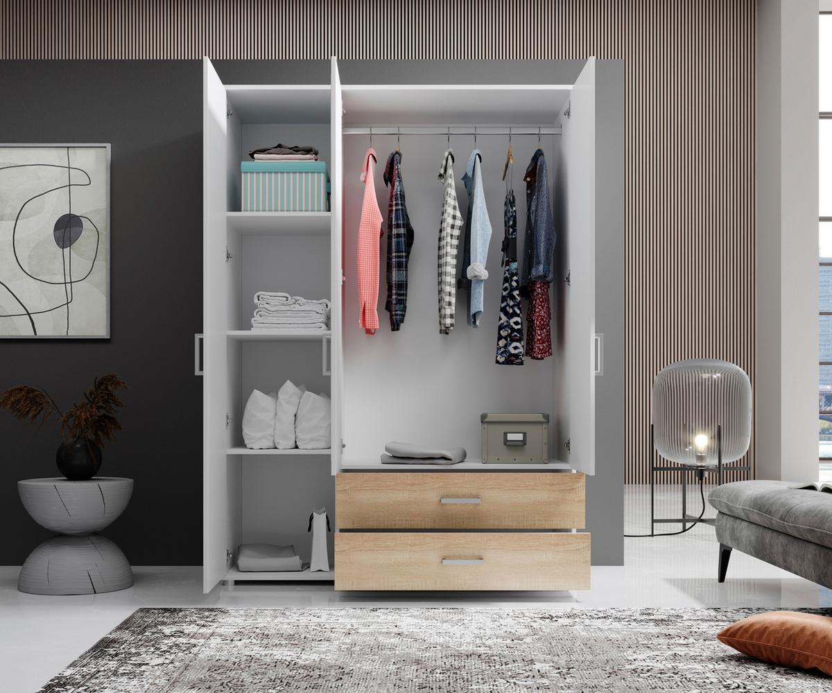 Drehtürenschrank Mit Laden 125cm Ivar Weiß/eiche Dekor - Weiß/Sonoma Eiche, MODERN, Holzwerkstoff (125/190/51cm) - MID.YOU