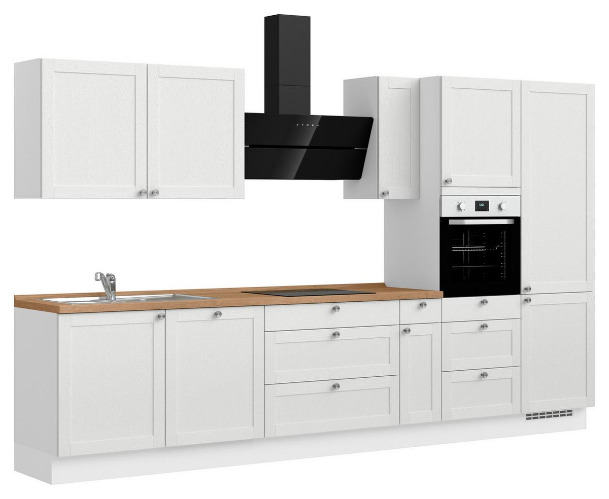 Kuchynská linka 360 cm, biela / dub Sierra - biela/farba ušľachtilej ocele, Romantik / Landhaus, kov/kompozitné drevo (360cm) - Nobilia