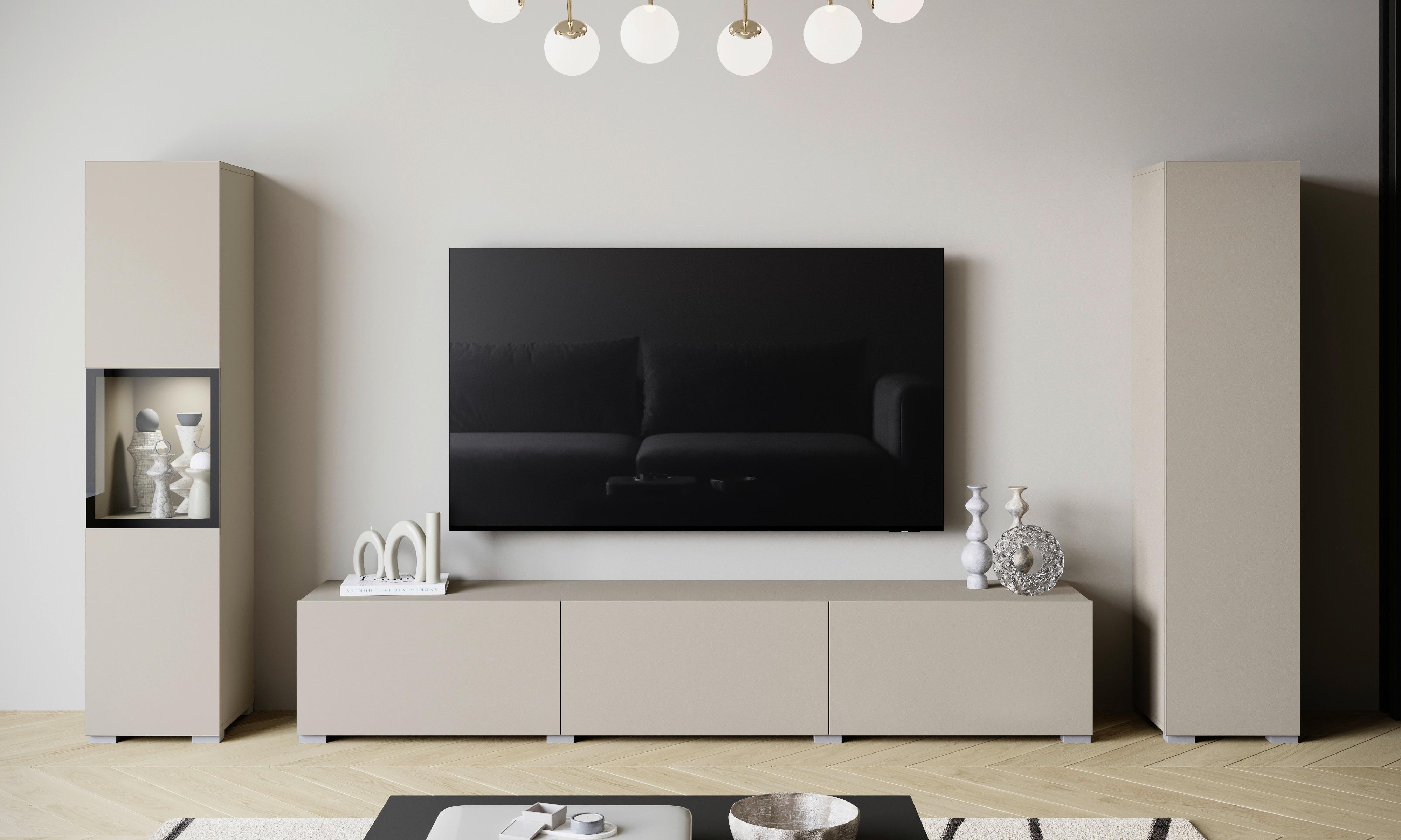 Wohnwand mit LED Berlin III Kaschmir - Kaschmir/Grau, Design, Glas/Holzwerkstoff (240/130/31cm) - P & B