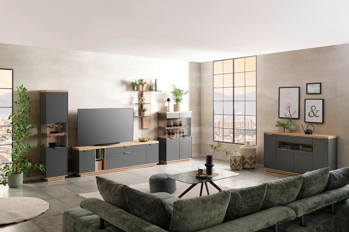 Vitrine Jake Anthrazit/Eiche Dekor B:45,7cm - Anthrazit/Eiche Artisan, Trend, Glas/Holzwerkstoff (45,7/187/38cm)