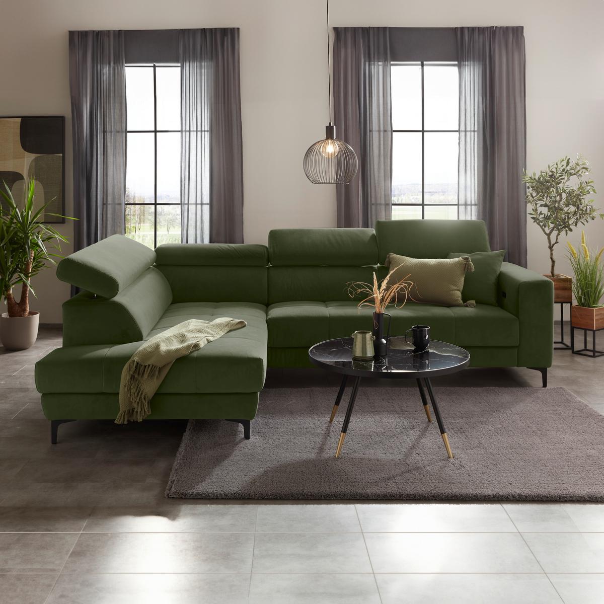 Rohová sedačka EMMA, ľavá, oliv.zel.,op.hl.,USB,el.výsuv - olivovozelená/čierna, Modern, textil (210/301cm) - Premium Living