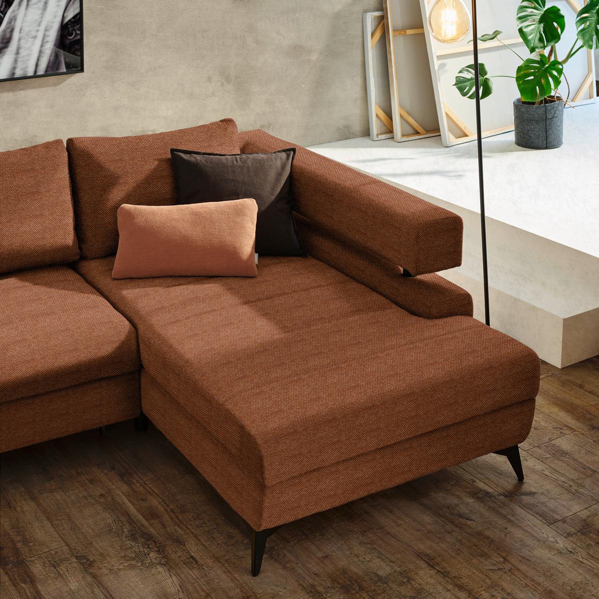 Rohová sedačka ROSALIE, pravá s úložným prostorem a lůžkem - černá/koňaková, Konvenční, kov/textil (265/184cm)