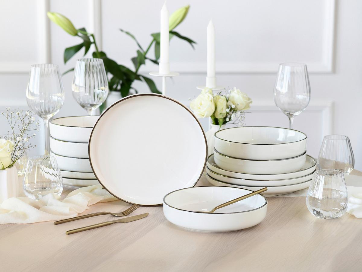 Tafelservice, 12-teilig Steinzeug - Goldfarben/Creme, Basics, Keramik - Creatable