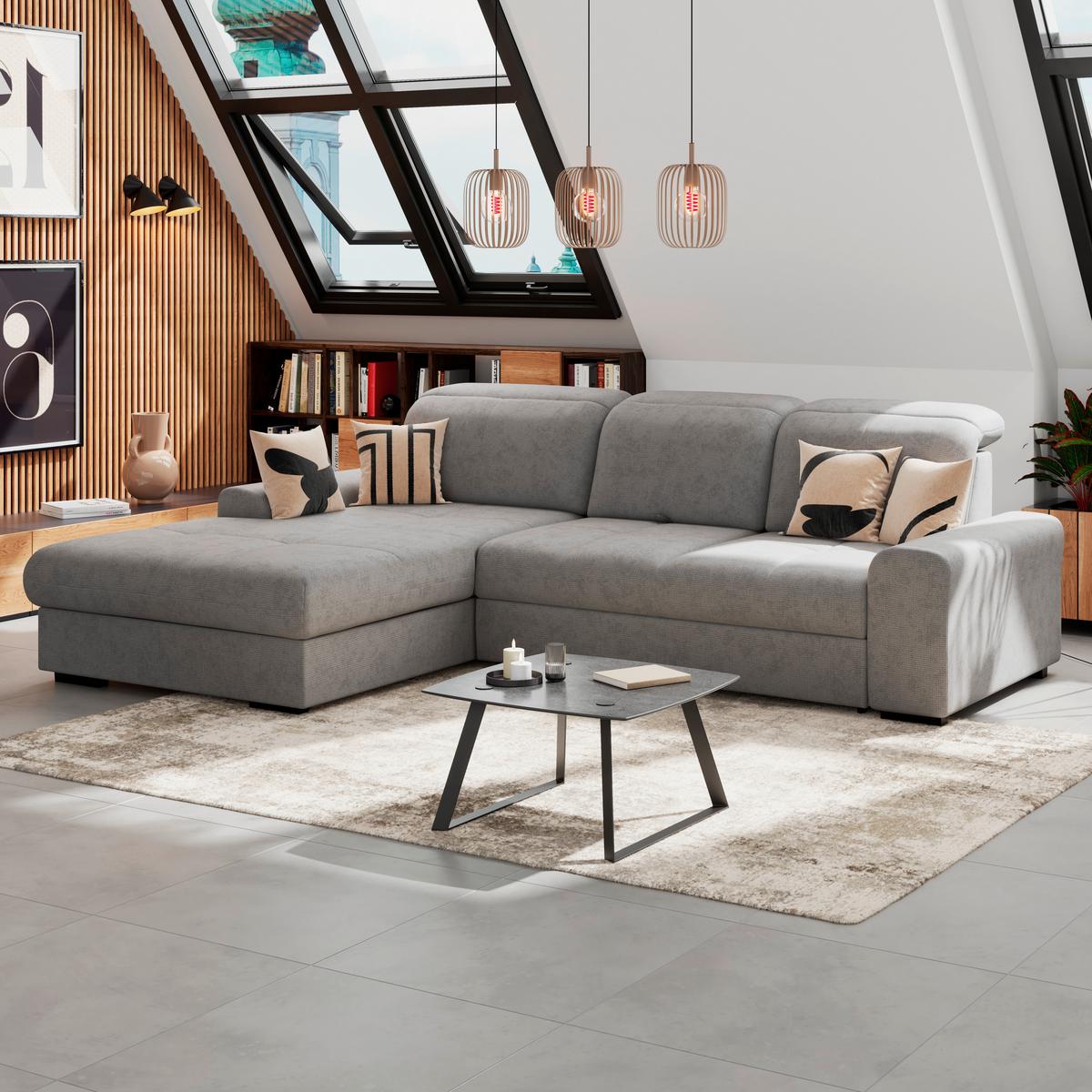 Ecksofa mit Bettfunktion Malaga new Chenille Grau - Schwarz/Grau, KONVENTIONELL, Textil (203/286cm) - Ondega