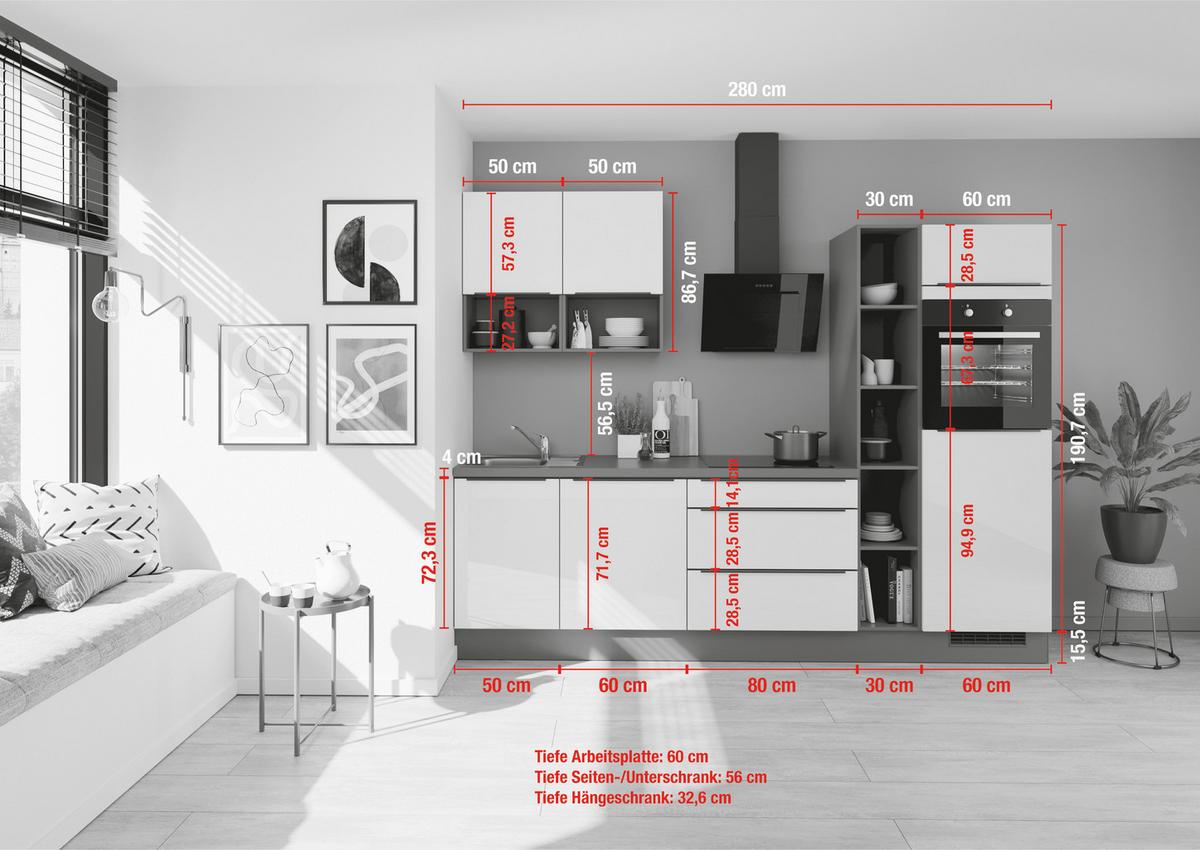 Küchenblock Ip4050 - Weiß Hochglanz/Dunkelgrau, Design, Holzwerkstoff (280cm) - Impuls