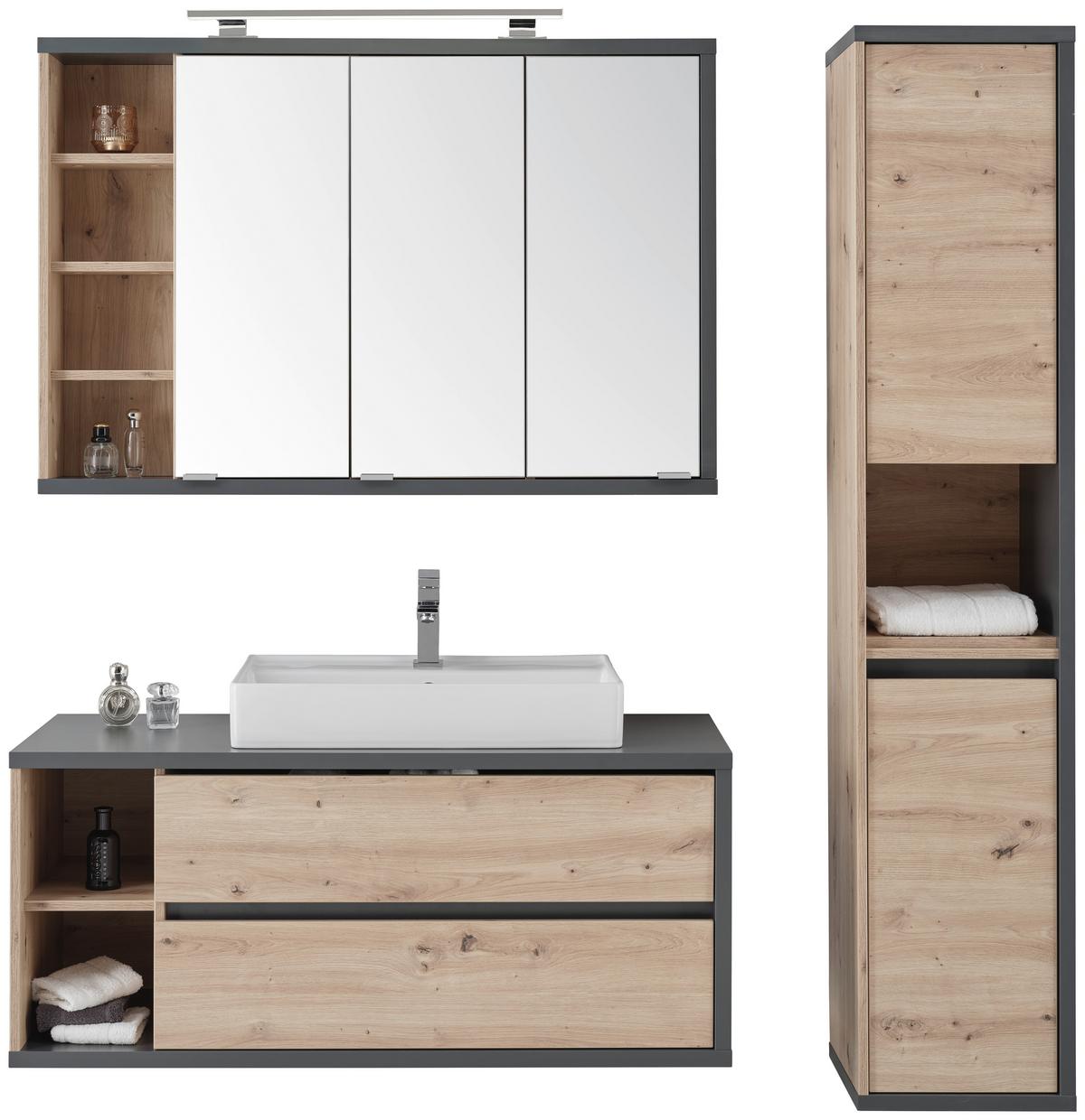 Waschbeckenunterschrank Camillo B: 110 Cm, Eichefarben - Weiß Hochglanz/Anthrazit, MODERN, Keramik/Holzwerkstoff (110/48/46cm)