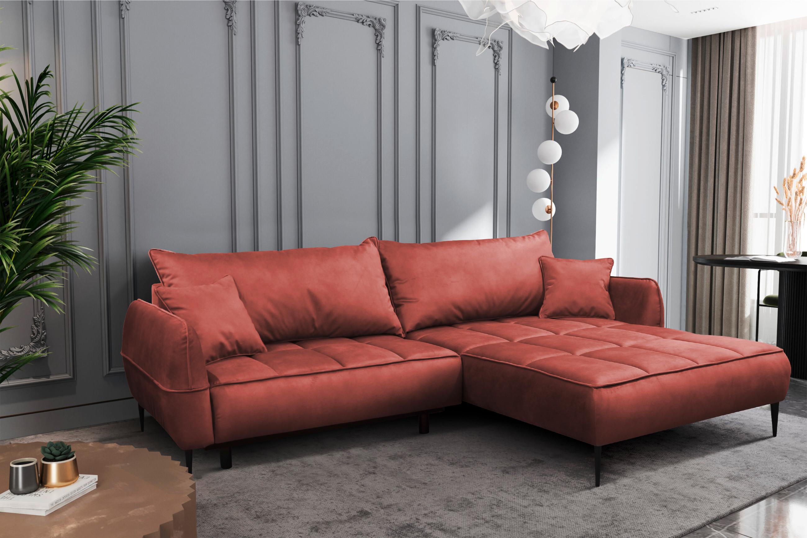 Ecksofa Mit Bettkasten Letto 260x189 Cm Velours Koralle - Koralle/Schwarz, Design, Textil (260/189cm) - MID.YOU