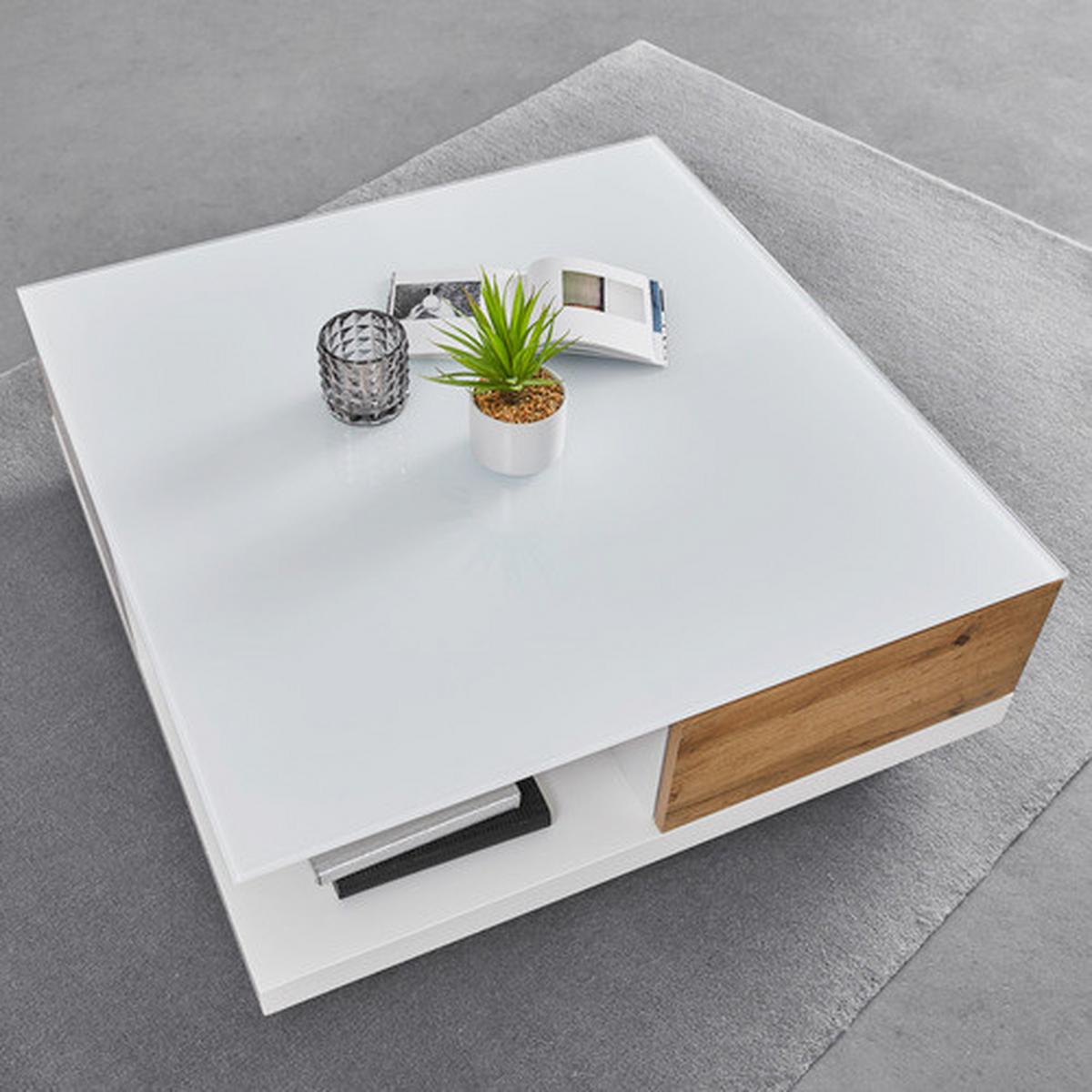 Konferenční stolek NEVIO bílá/dekor dub - bílá/barvy dubu, Moderní, sklo (85/85/30cm) - Bessagi Home