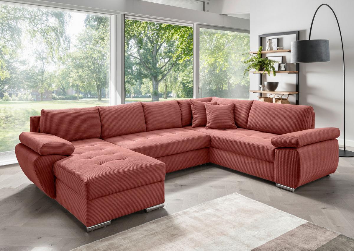 Wohnlandschaft Terana mit Schlaffunktion, Koralle - Chromfarben/Koralle, KONVENTIONELL, Textil (157/305/219cm) - Livetastic