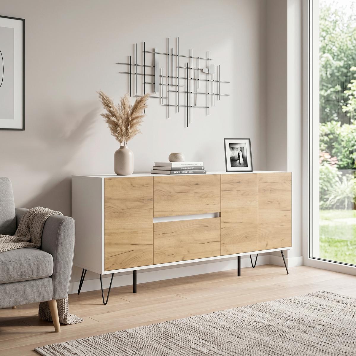 Sideboard Posseik Industrial Eichefarben/Weiß B: 177 cm - Weiß Hochglanz/Eichefarben, Design, Holzwerkstoff (177/75,8/42cm) - MID.YOU