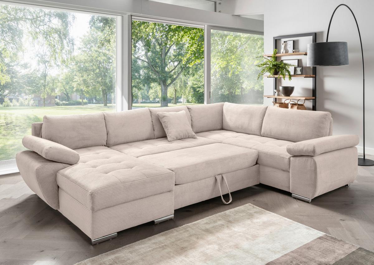 Wohnlandschaft Terana mit Schlaffunktion, Beige - Chromfarben/Beige, KONVENTIONELL, Textil (157/305/219cm) - P & B