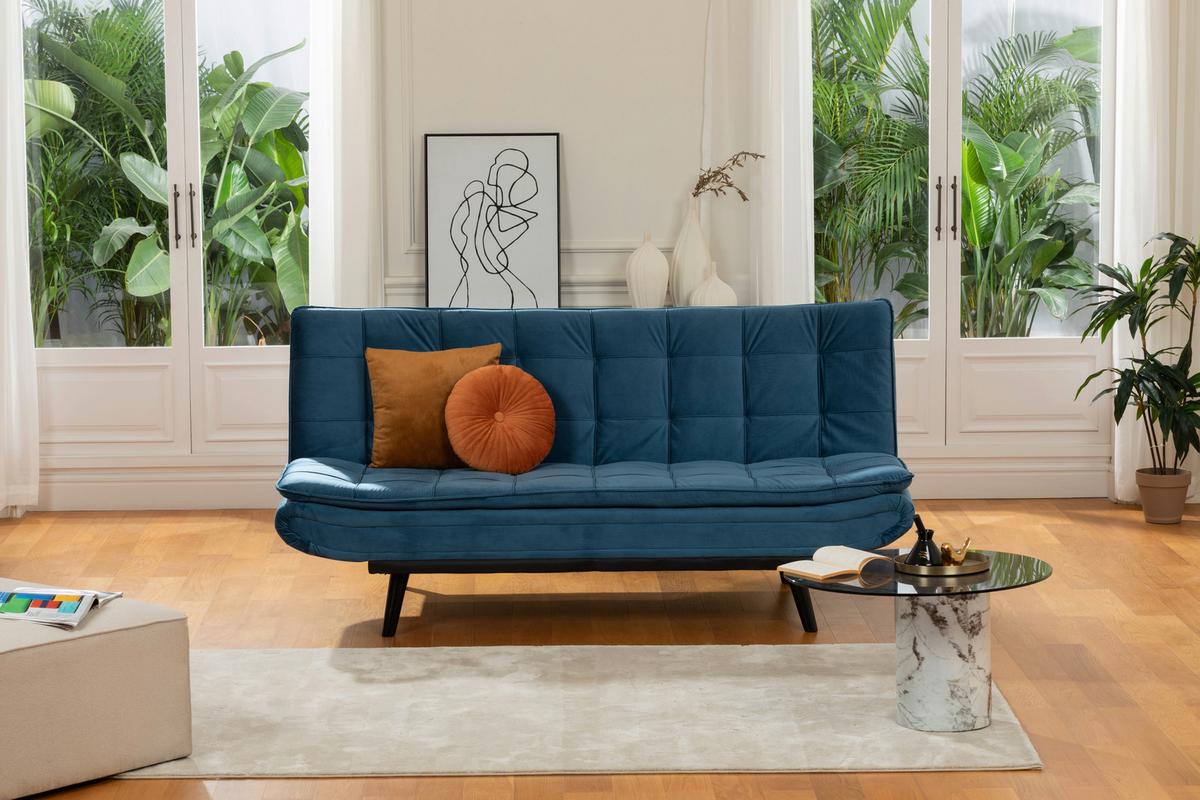 3-Sitzer-Sofa Mit Schlaffunktion Tuvalu B: 195cm - Blau/Schwarz, Design, Holz/Textil (195/96/96cm) - MID.YOU