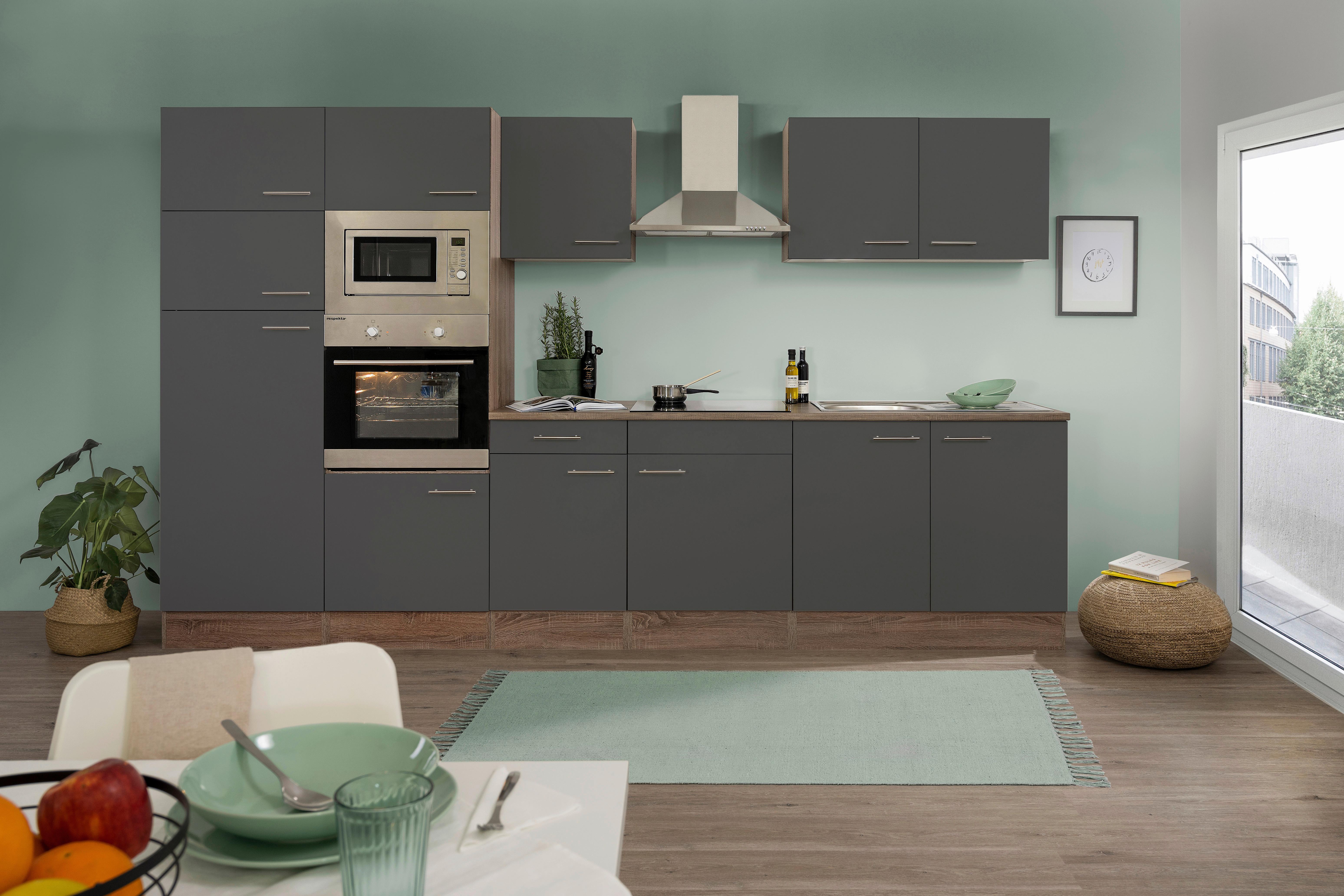 Küchenzeile mit Geräten B: 330 cm Grau/Eiche Dekor - Eichefarben/Grau, Design, Holzwerkstoff (330cm) - Respekta