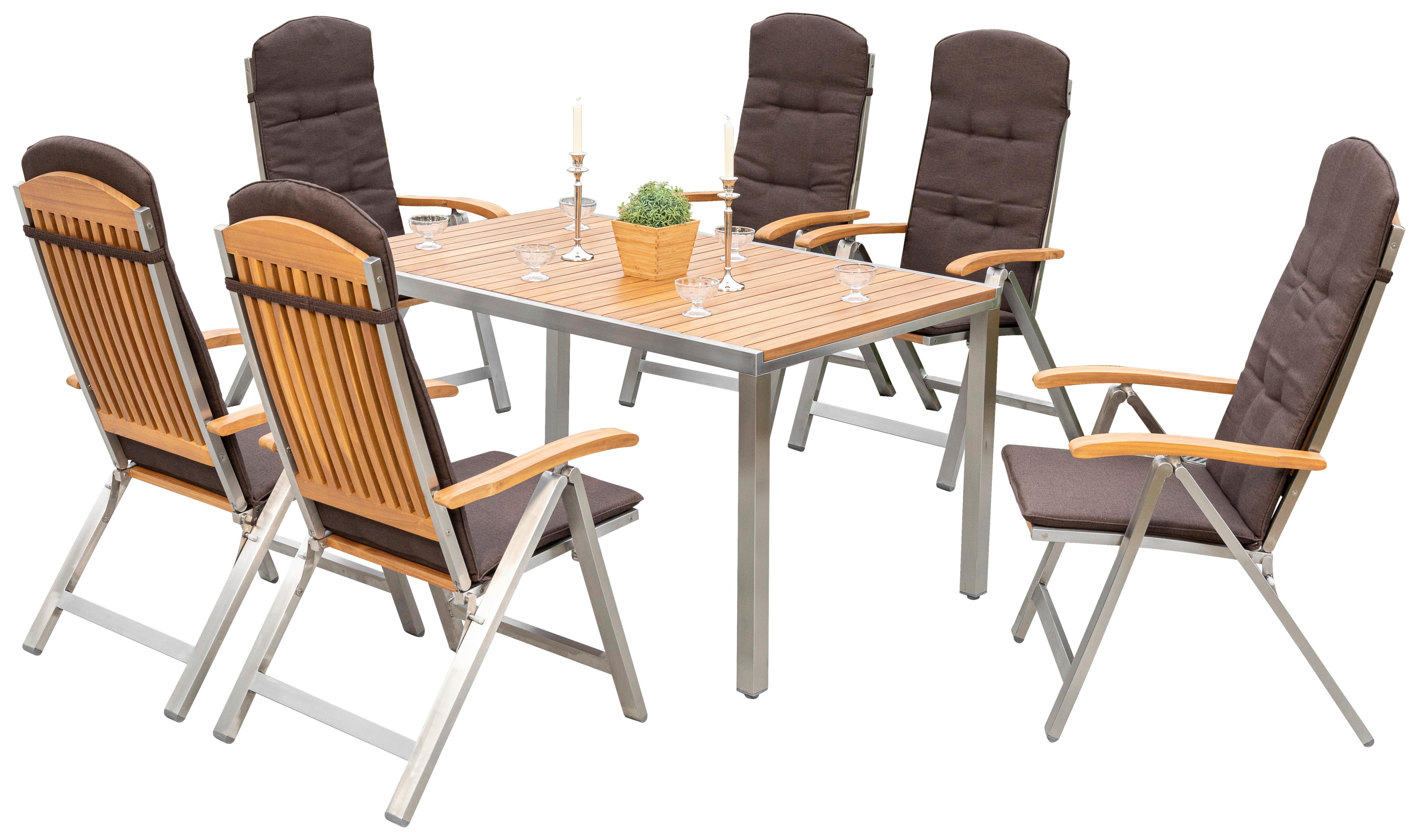 Gartengarnitur 7-Tlg. Keros Holz/Metall mit Kissen - Silberfarben/Braun, ROMANTIK / LANDHAUS, Holz/Textil - Gardenson