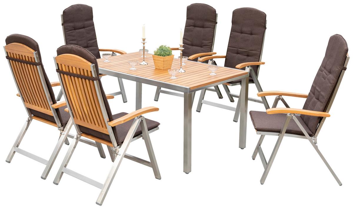 Gartengarnitur 7-Tlg. Keros Holz/Metall mit Kissen - Silberfarben/Braun, ROMANTIK / LANDHAUS, Holz/Textil - Gardenson