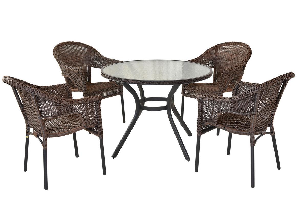 Gartentischgruppe Ravenna 5--Teilig. aus Kunststoffgeflecht - Dunkelbraun/Graphitfarben, KONVENTIONELL, Glas/Kunststoff - Gardenson