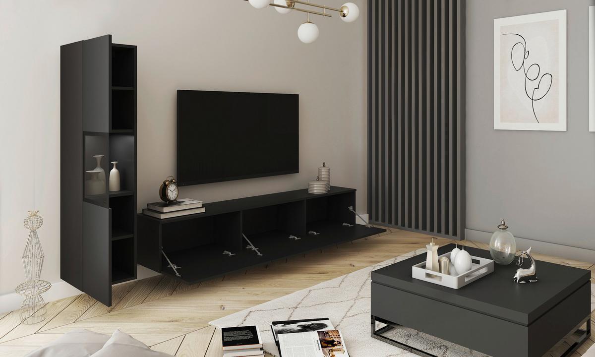 Wohnwand Berlin I Schwarz B: 210 cm - Schwarz/Grau, Design, Glas/Holzwerkstoff (210/130/32,5cm) - MID.YOU