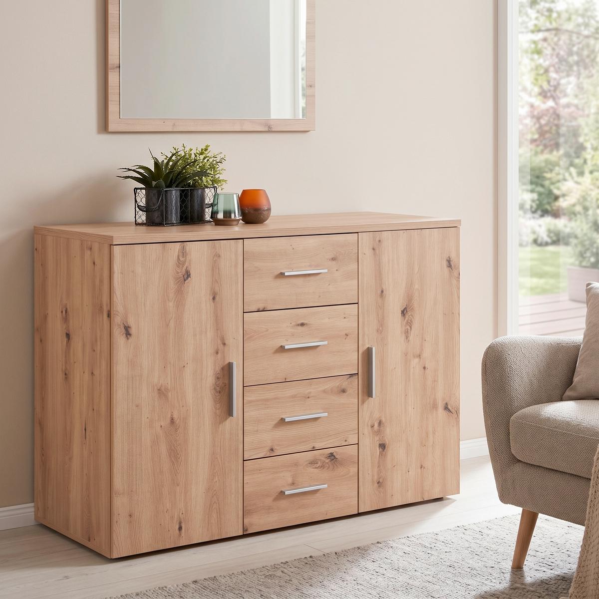 Komód Trio New 120/86 Cm - tölgyfa színű, Modern, faalapú anyag (120/86/50cm)