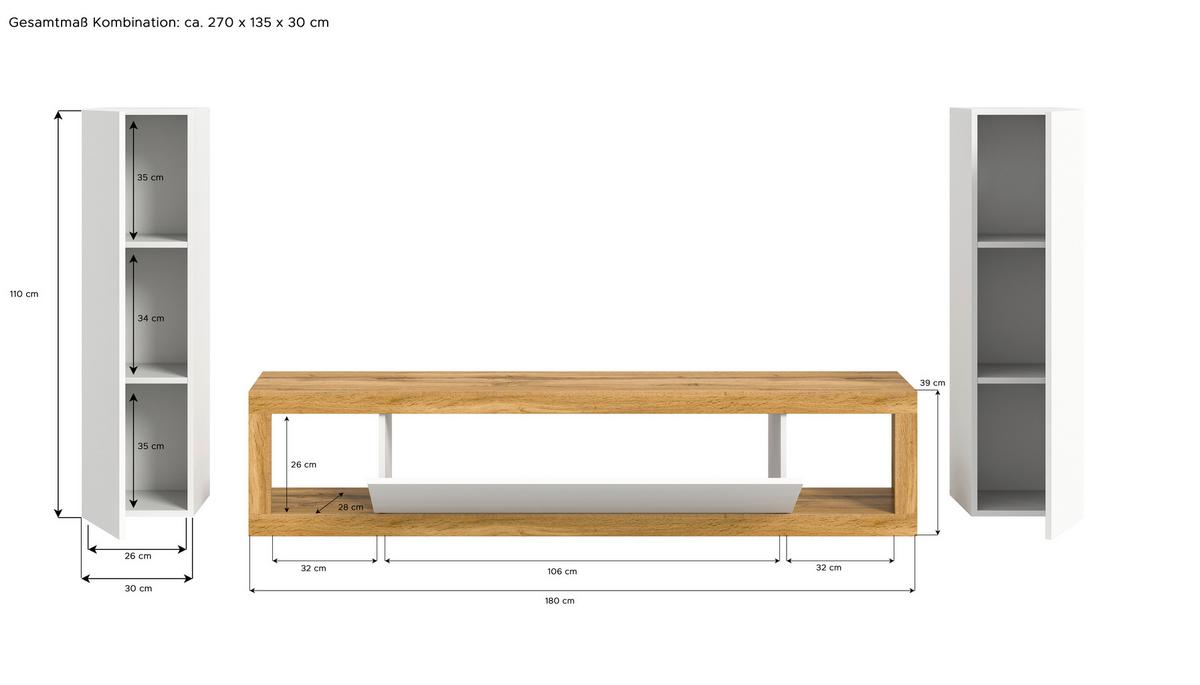 Wohnwand Tango Weiß/eiche Dekor B:270cm - Eiche Wotan/Schwarz, Design, Holzwerkstoff (270/135/30cm) - MID.YOU