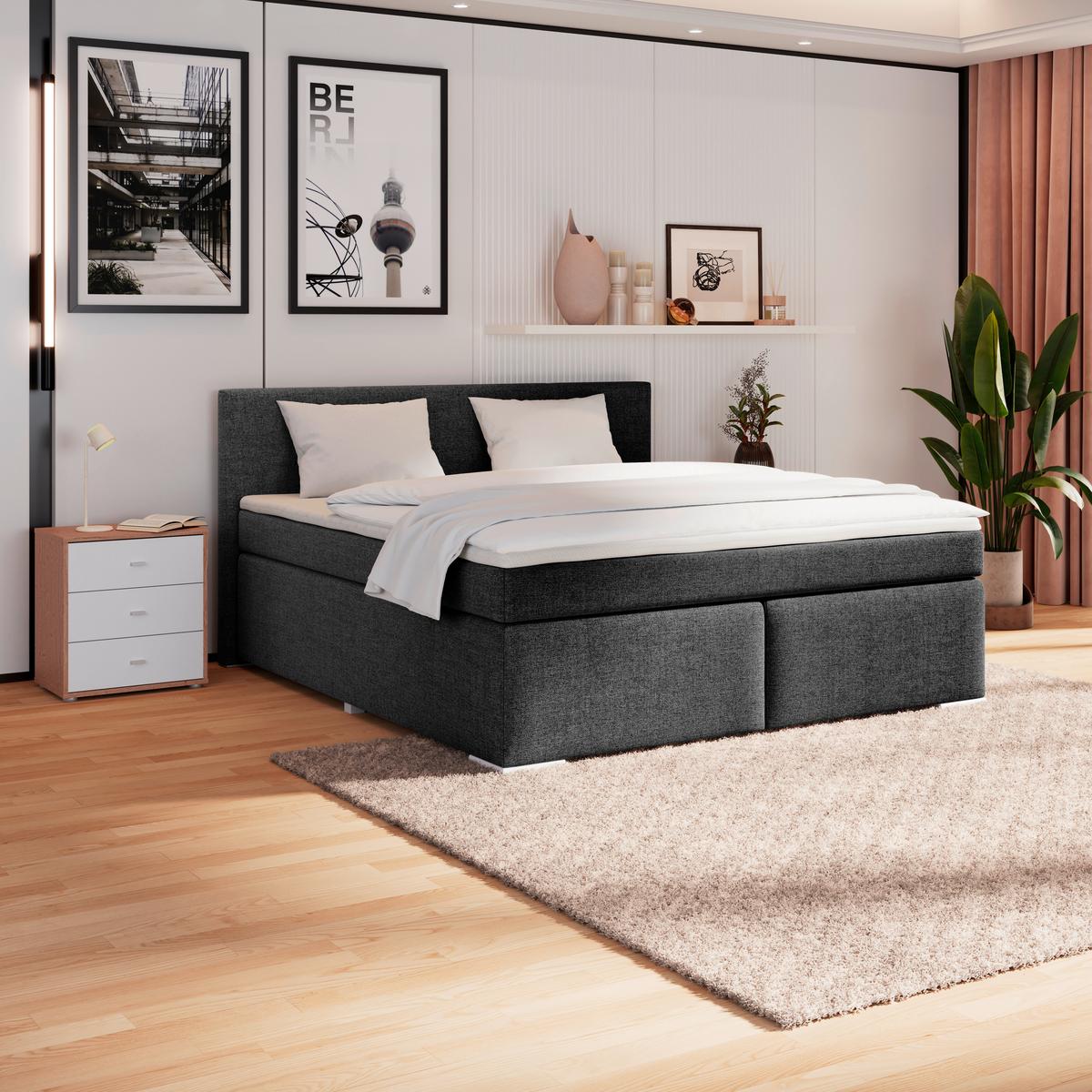 Boxspringbett Mira Webstoff Schwarz, Lf:160x200cm - Silberfarben/Graphitfarben, KONVENTIONELL, Holz/Textil (160/200cm)