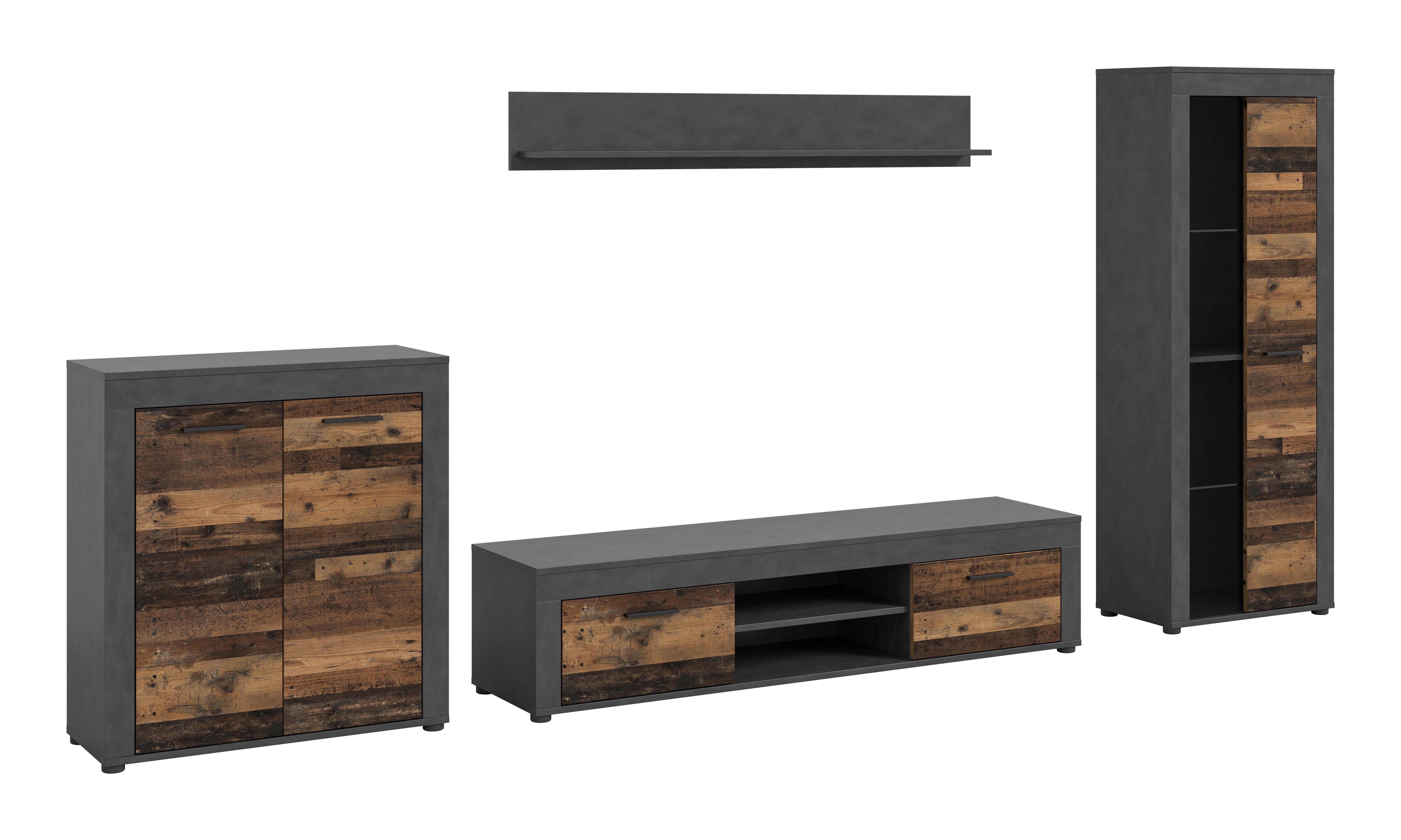 Wohnwand Jam Old Wood Dekor 4-teilig B: ca. 330 cm - Schwarz/Naturfarben, Design, Glas/Holzwerkstoff (330/159/35cm) - MID.YOU