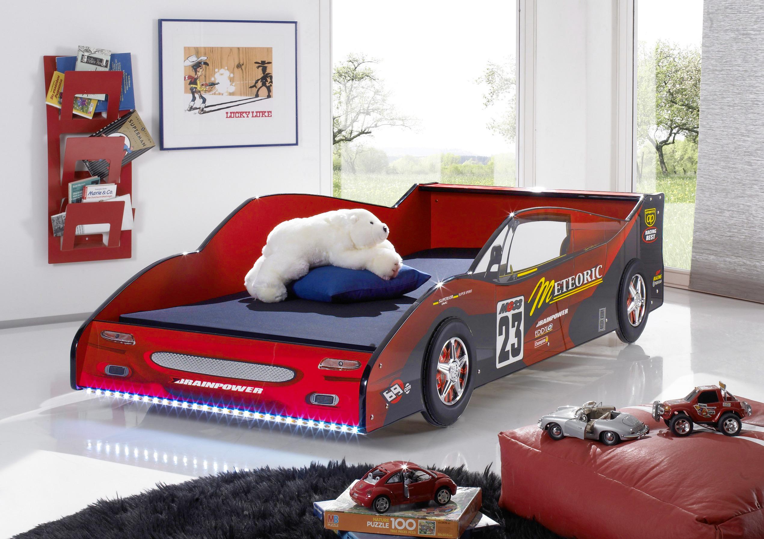 Autobett Meteor Rennwagen 90x200 cm Rot + Beleuchtung - Gelb/Rot, Basics, Holzwerkstoff (90/200cm) - MID.YOU