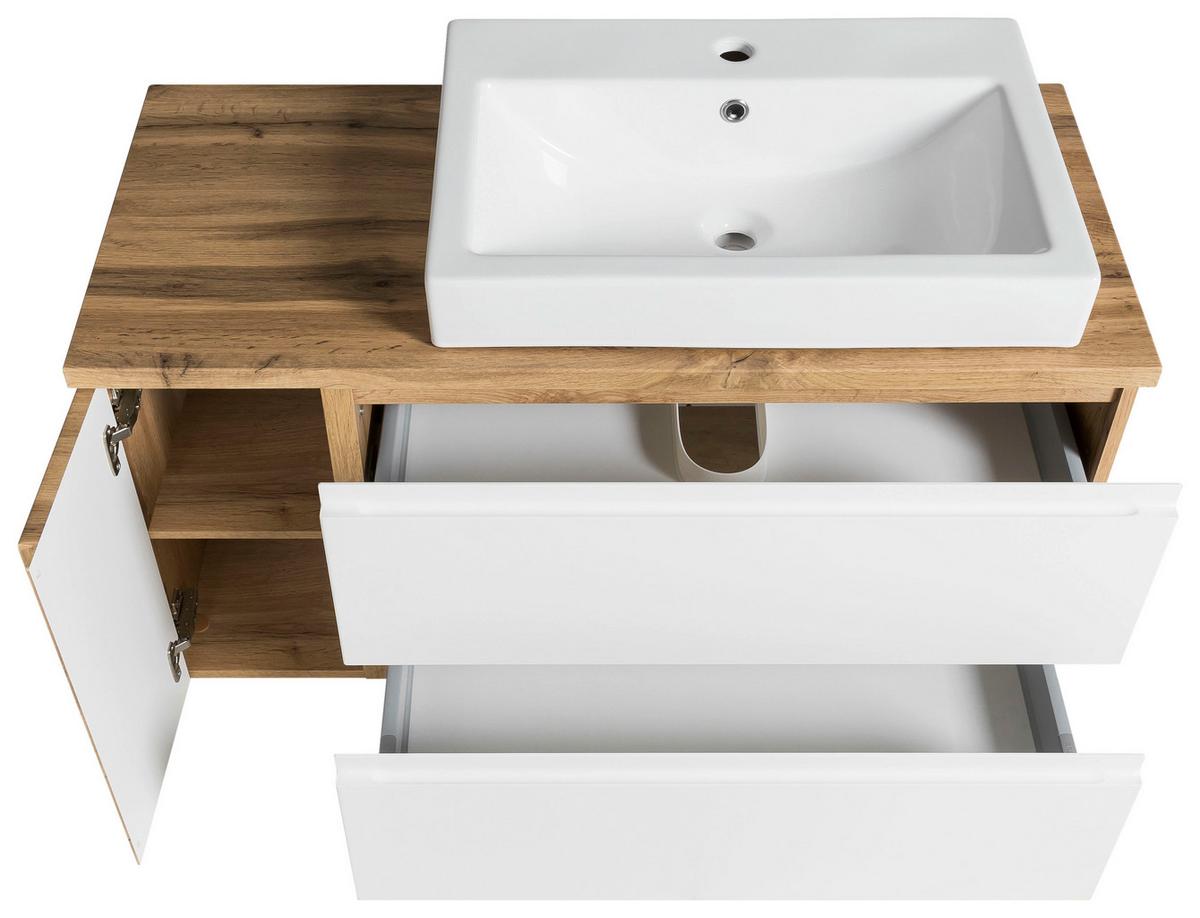 Waschbecken mit Unterschrank Varese B: 150 cm Eiche/Weiß - Eiche Wotan/Weiß, MODERN, Keramik/Holzwerkstoff (105cm) - Held