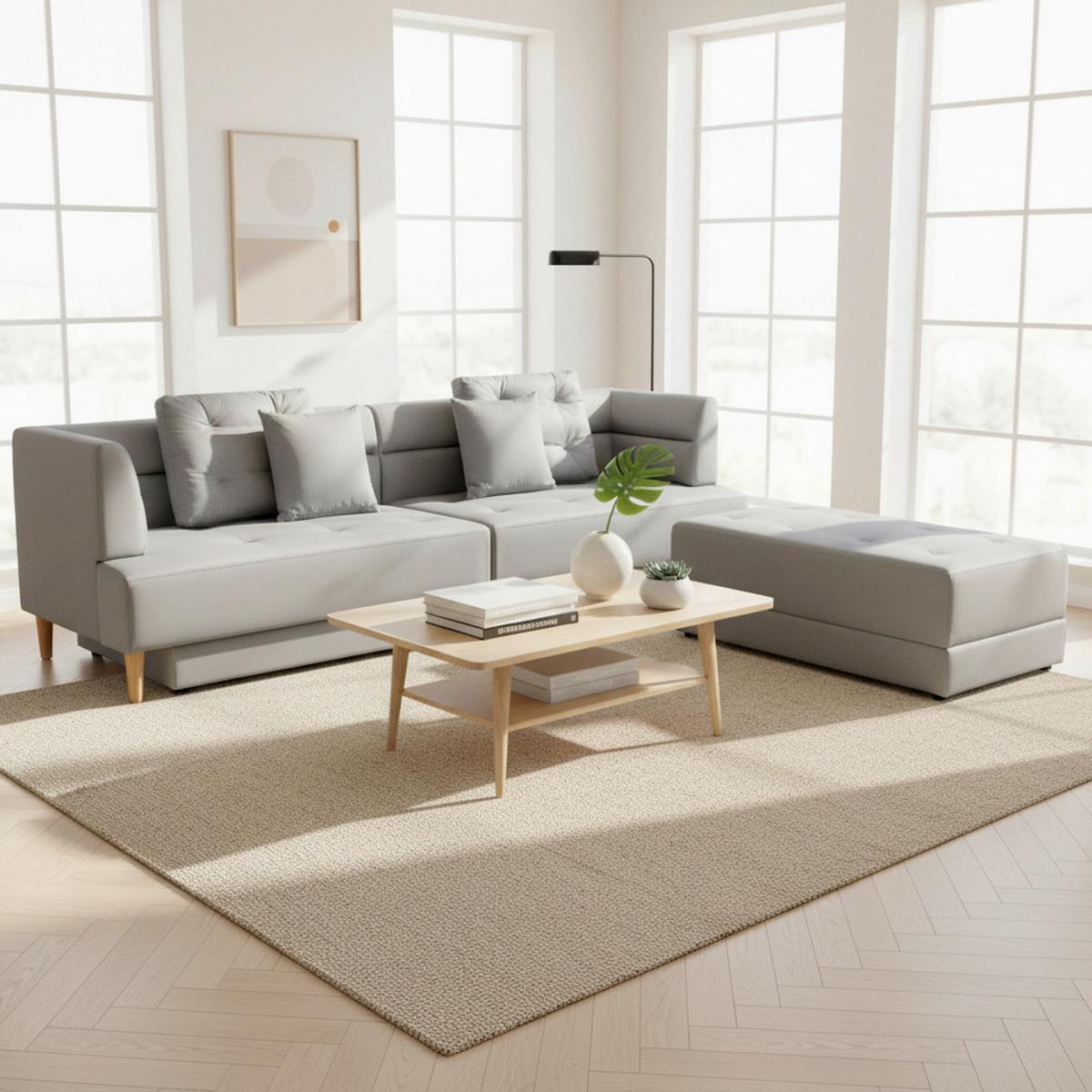 Pohovka s taburetem ELIZA světle šedá - černá/světle šedá, Moderní, dřevo/textil (260/210cm) - Bessagi Home