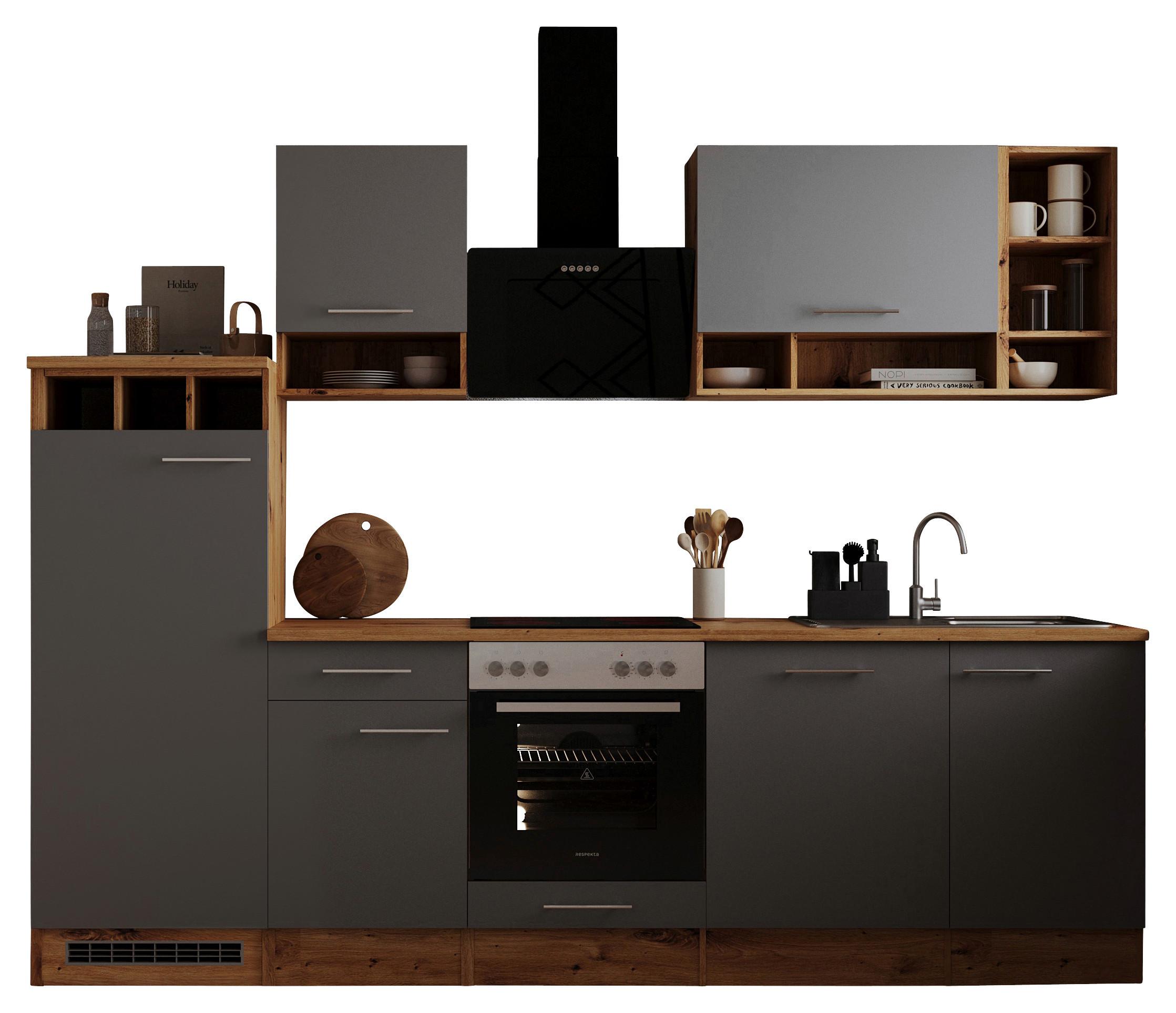 Küchenzeile Economy Mit Geräten 280 cm Grau/Wildeiche - Wildeiche/Grau, Basics, Holzwerkstoff (280cm) - Respekta