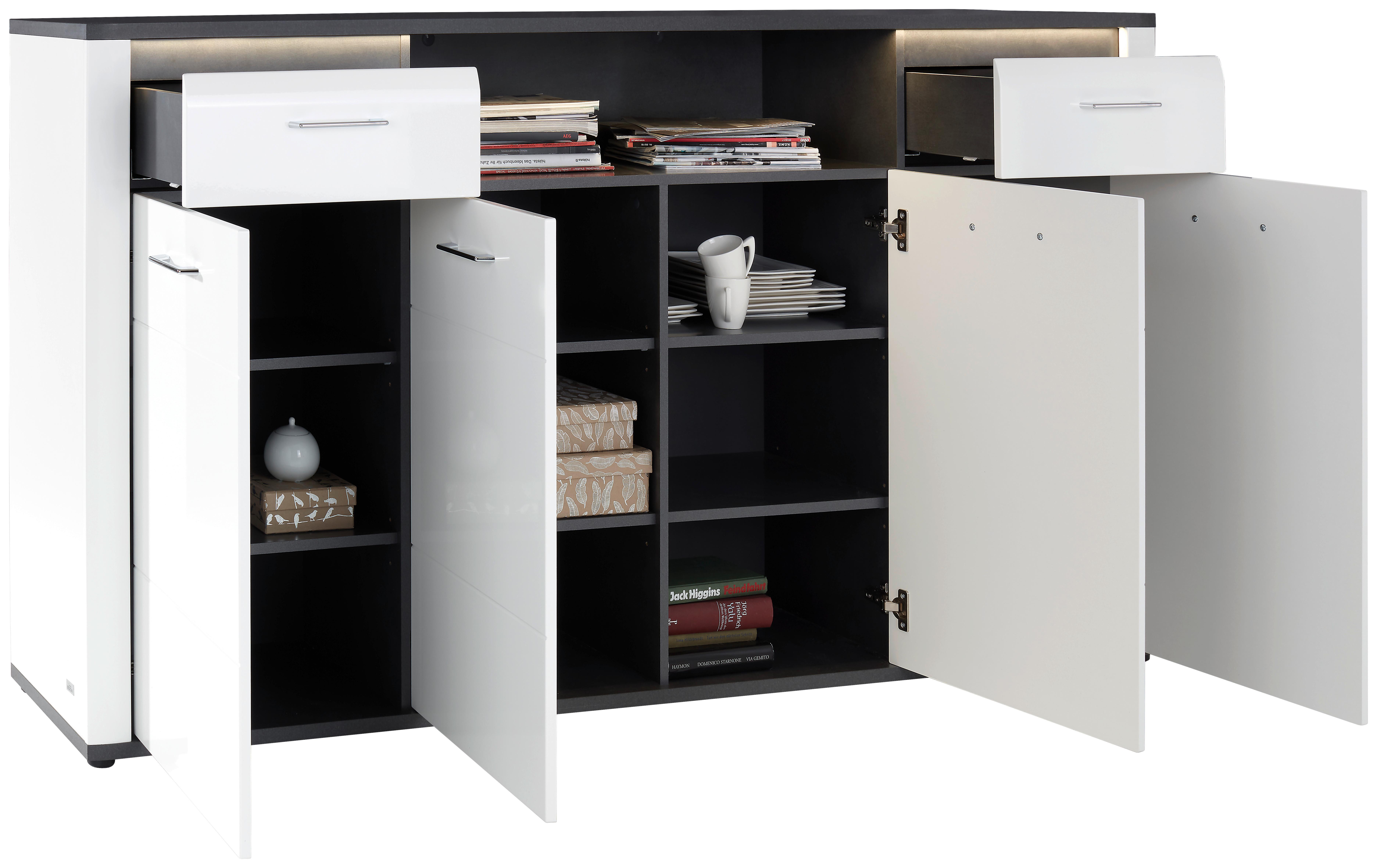 Highboard Mit Led + Soft-close B 203,6 Cm Alassio Weiß/matera - Schwarz/Graphitfarben, MODERN, Holzwerkstoff (203,6/104/40,5cm) - Luca Bessoni