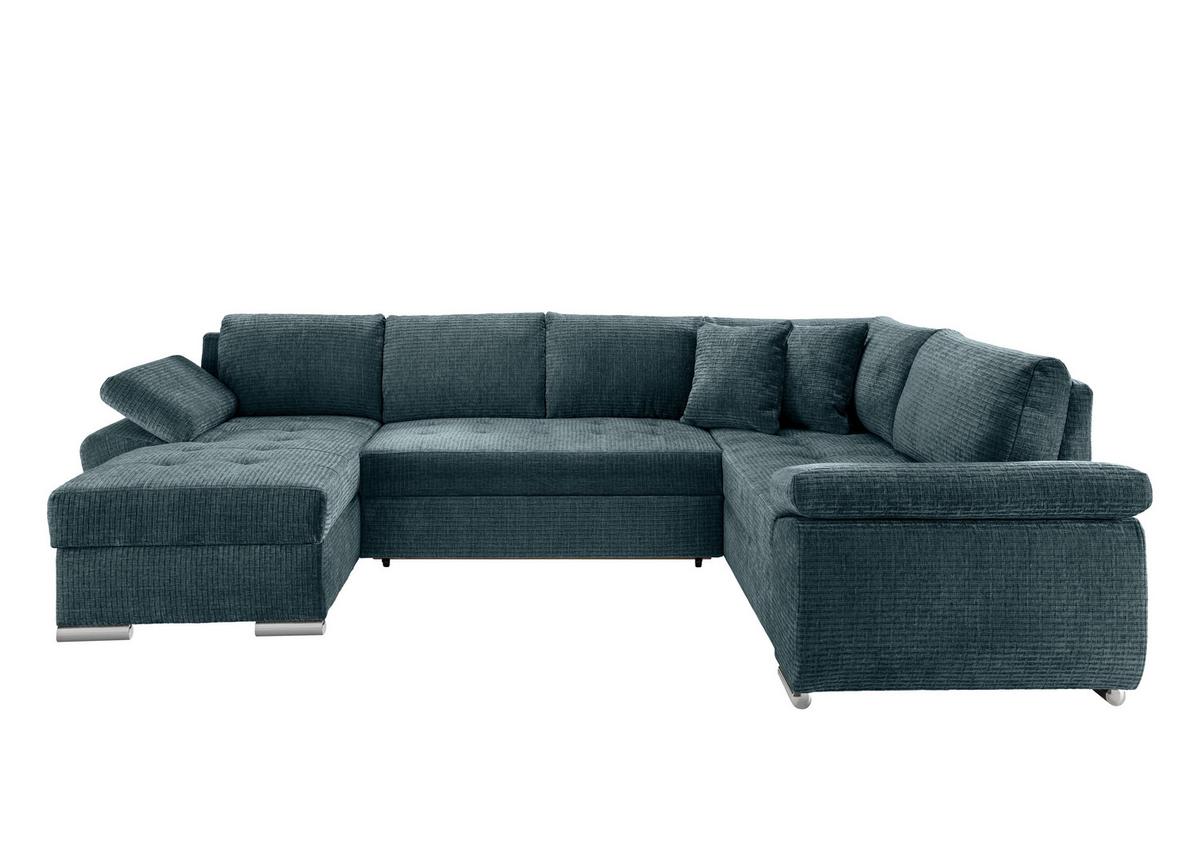 Wohnlandschaft Terana Blau mit Schlaffunktion, Mikrofaser - Chromfarben/Blau, KONVENTIONELL, Textil (157/305/219cm) - Livetastic